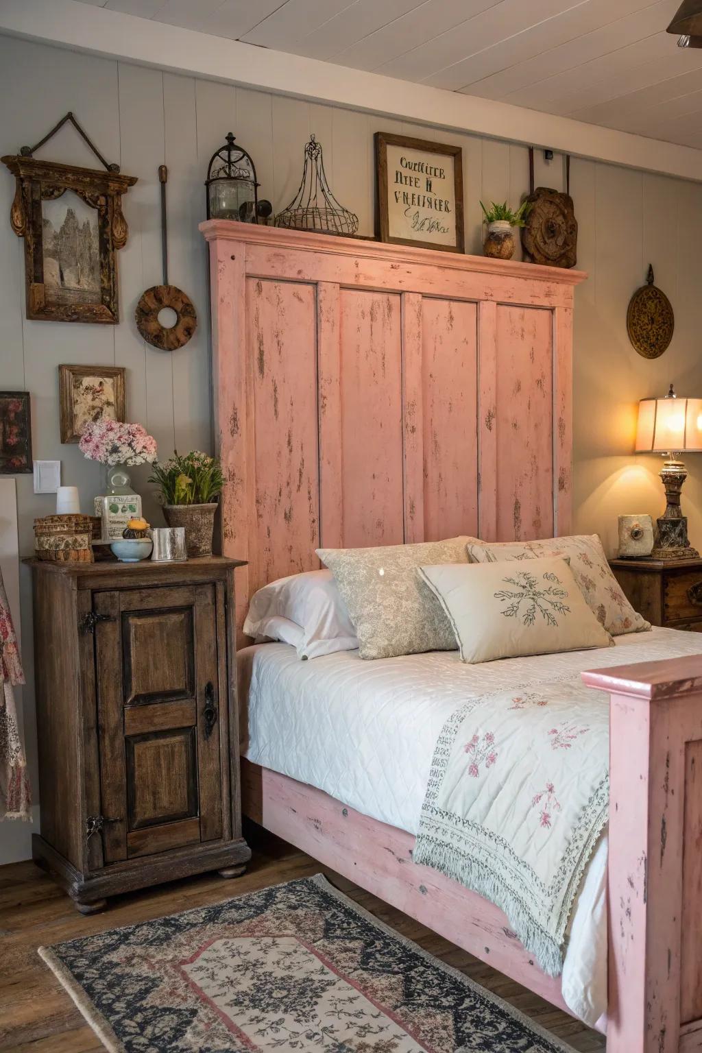 A country and lovely sleeping space featuring a weathered wood headboard.