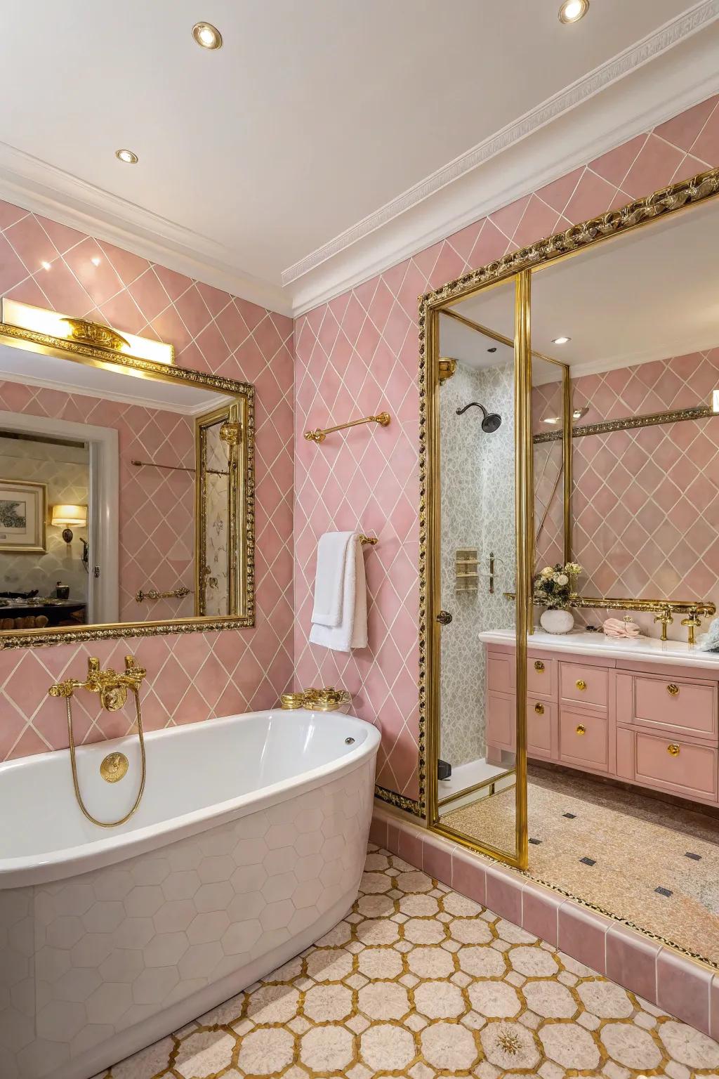 A fancy bathroom with pink tiles and gold things.