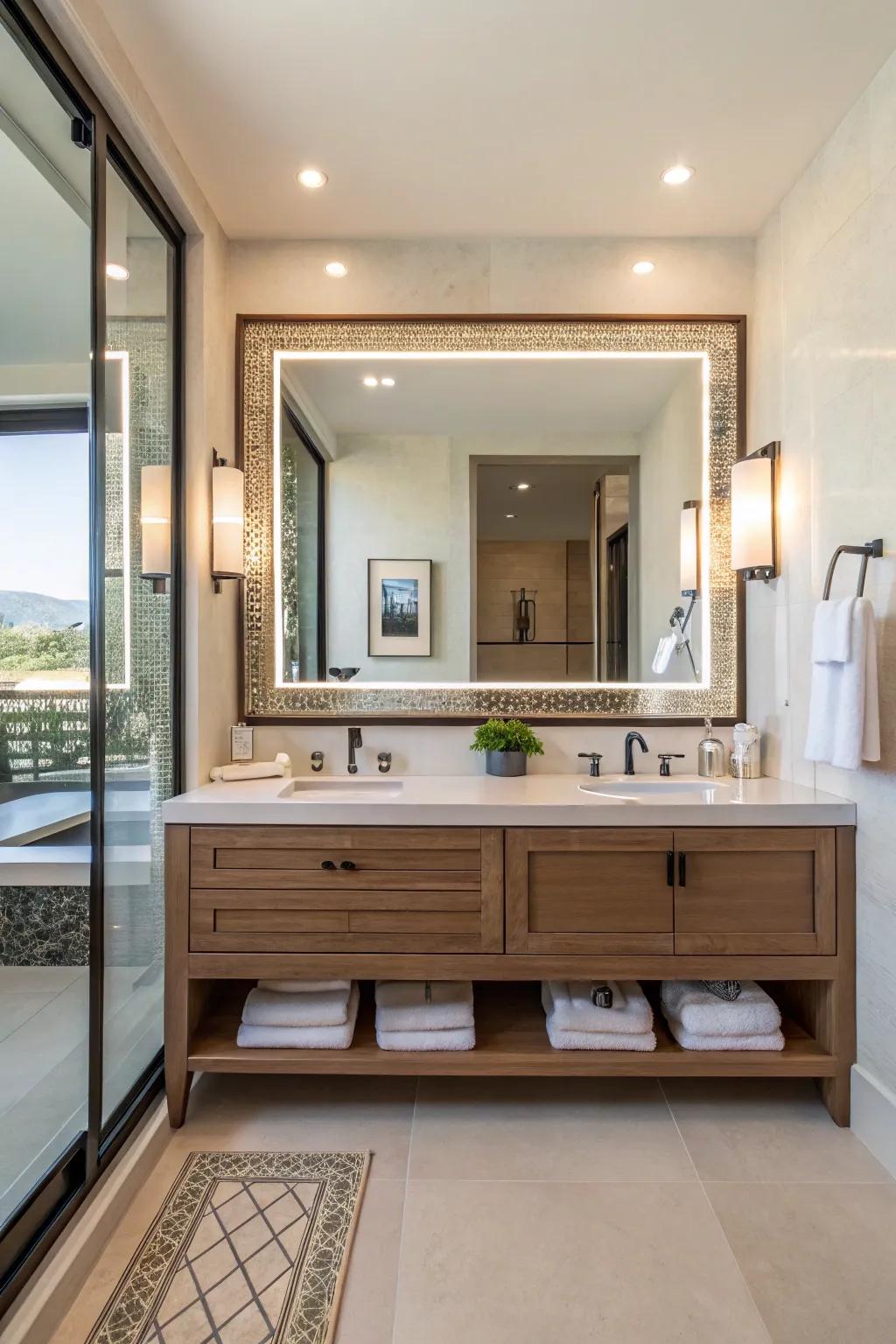 Large-scale mirrors amplify both space and luminosity within bathrooms.