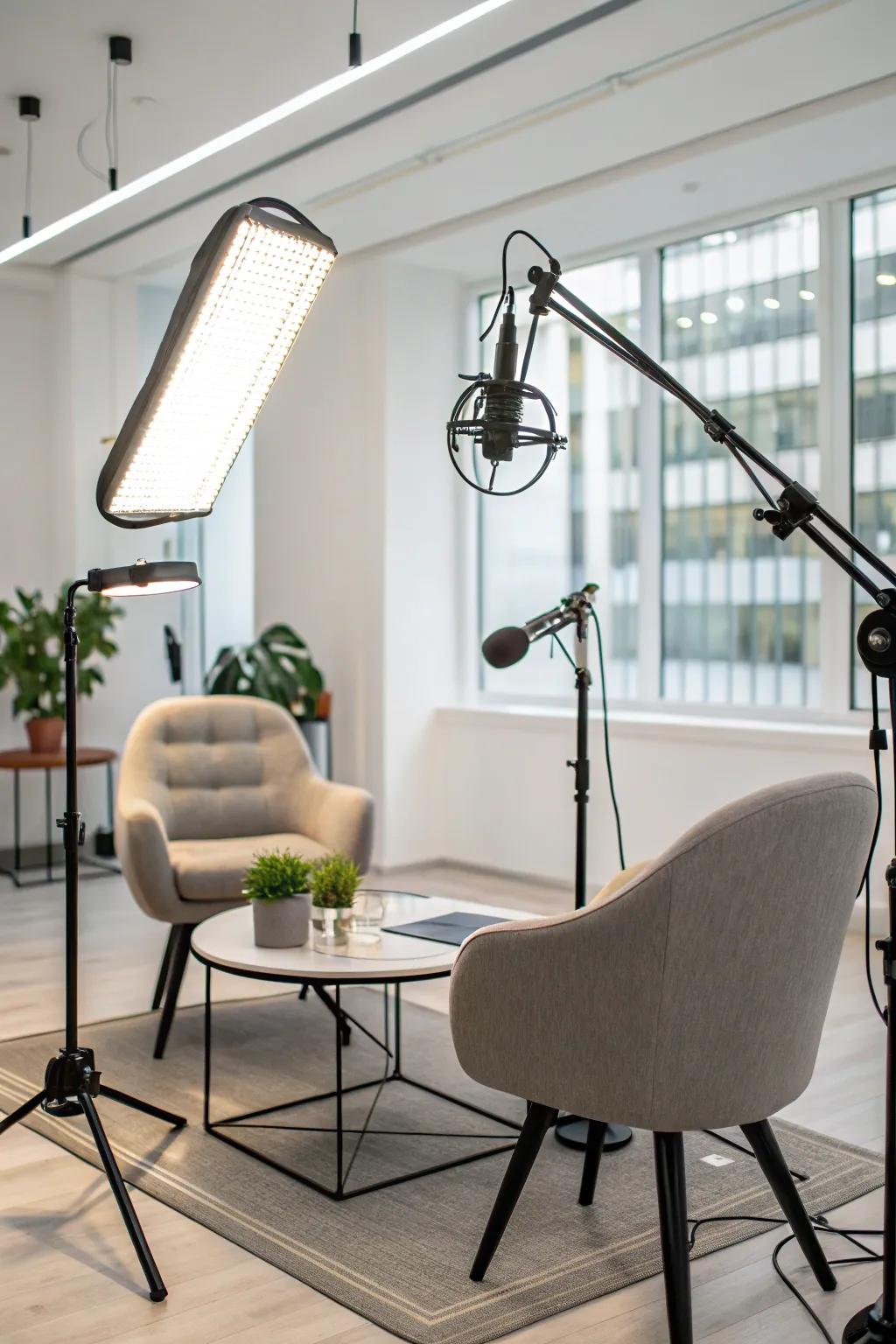 A podcast studio with adaptive lighting.