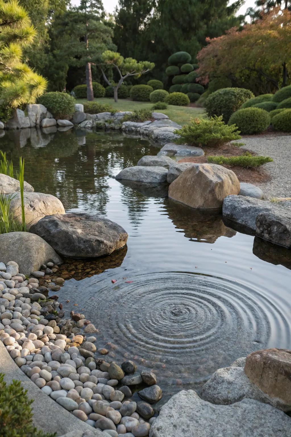 A rock garden forms a textural boundary for a tranquil pond, enhancing its serene atmosphere.