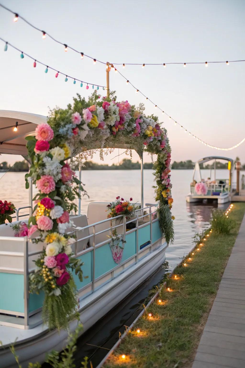 A lawn gathering-themed pontoon boat blossoming with flowers.