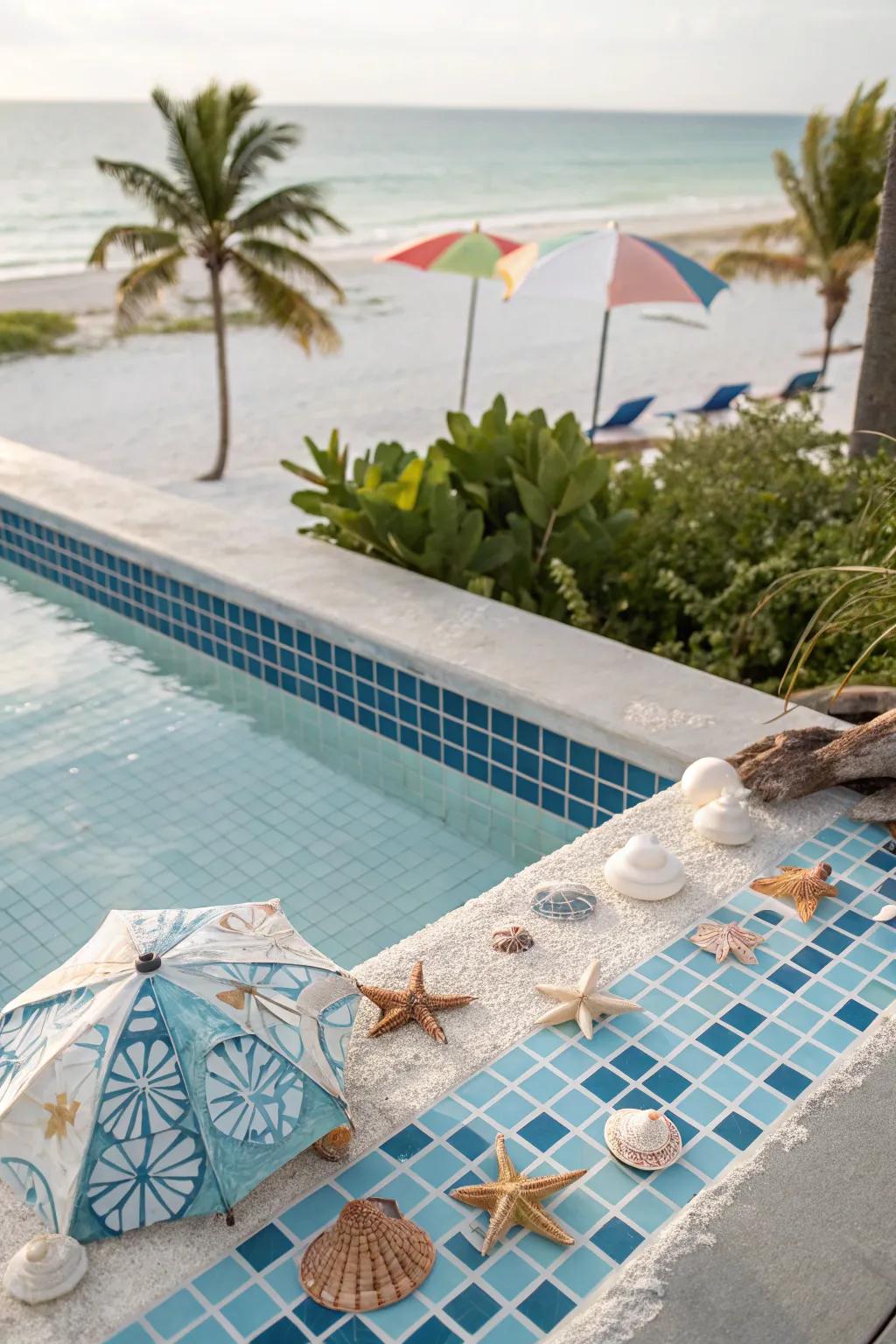 Biscayne blue mosaics bring a coastal vibe to your swimming pool.