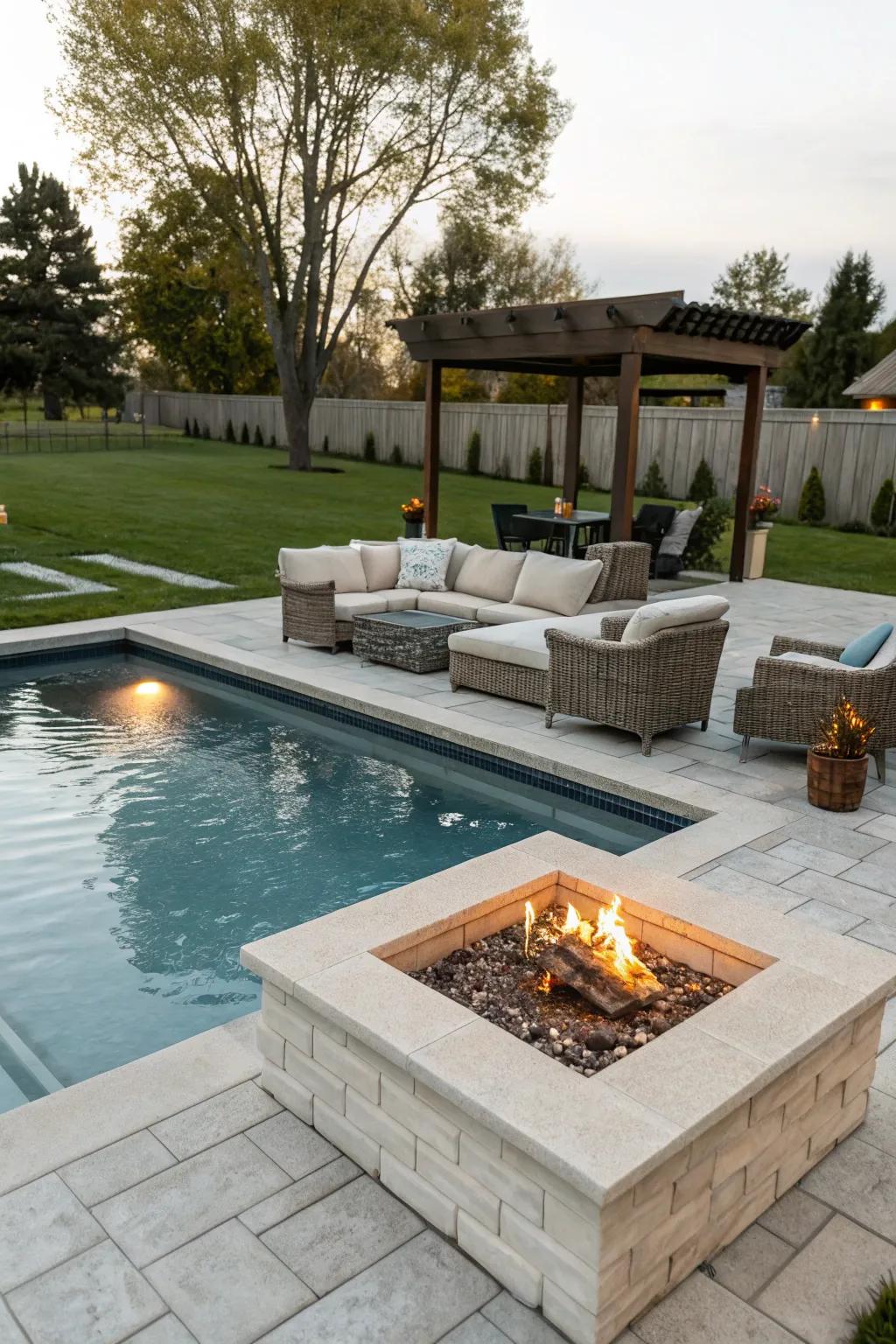 A cozy poolside bonfire pit perfect for gatherings.