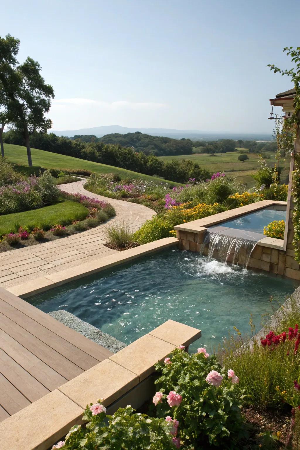 Built-in water elements infuse tranquility into your poolside.