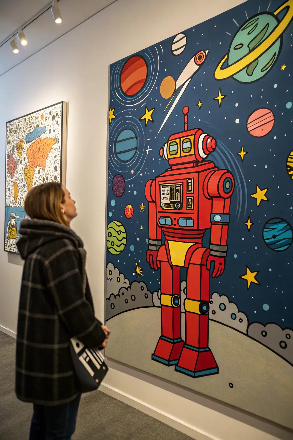 A futuristic pop art painting of a robot on a cosmic scene.