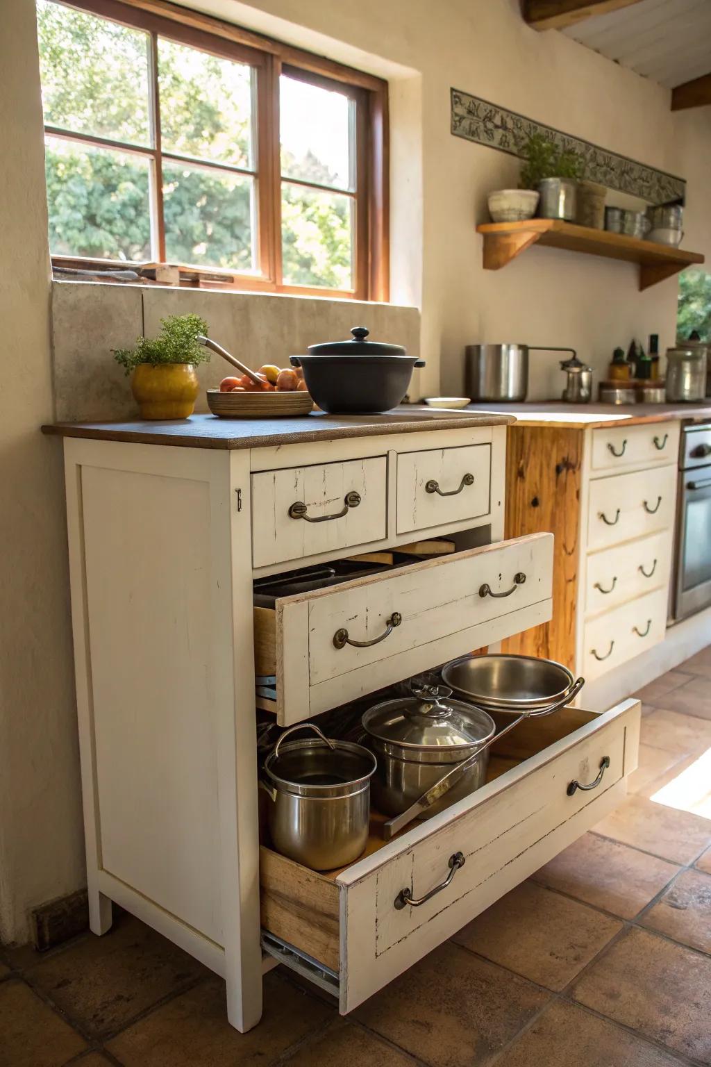 Furniture that's been repurposed offers unique and functional storage.