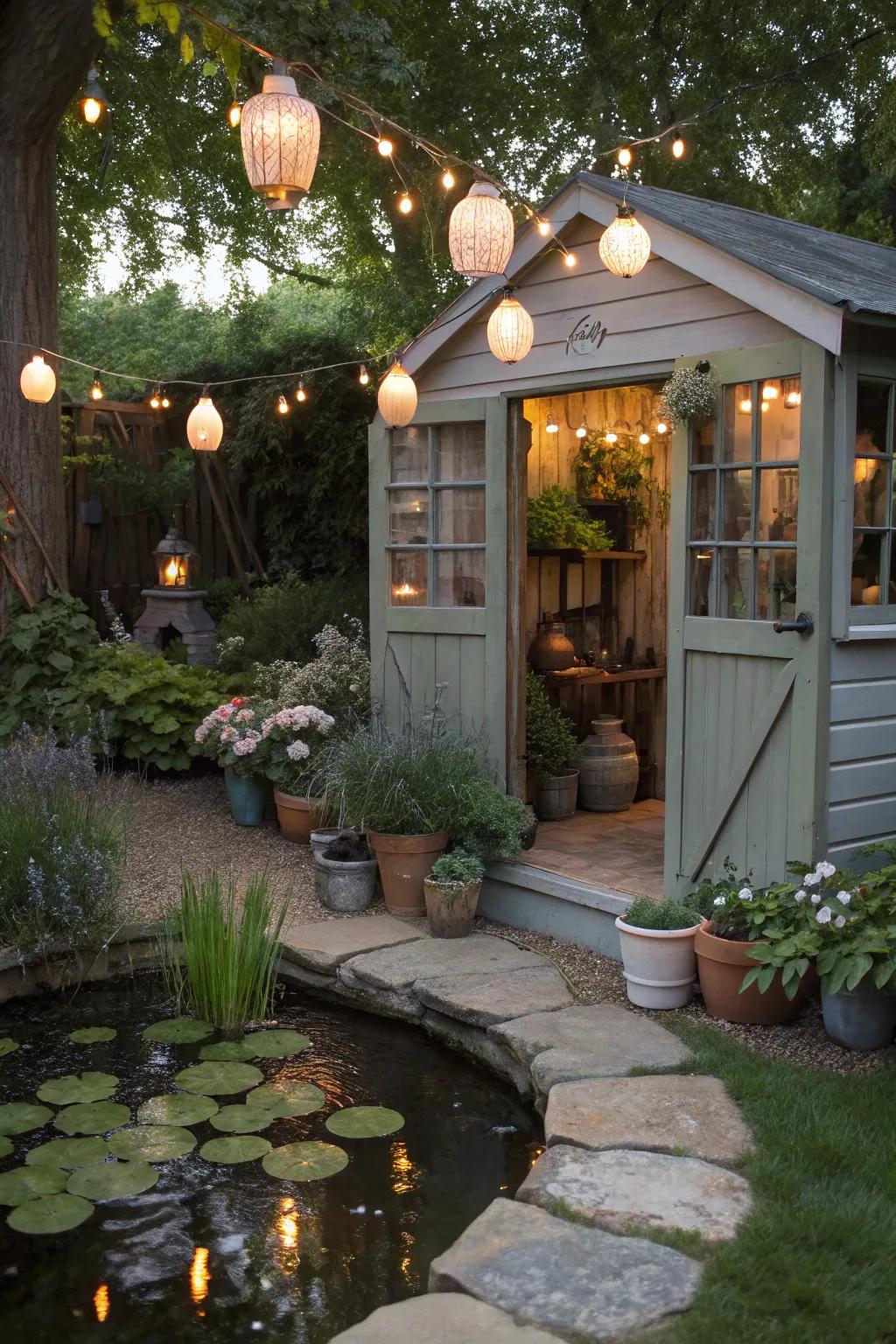 A potting shed exhibiting whimsical touches.
