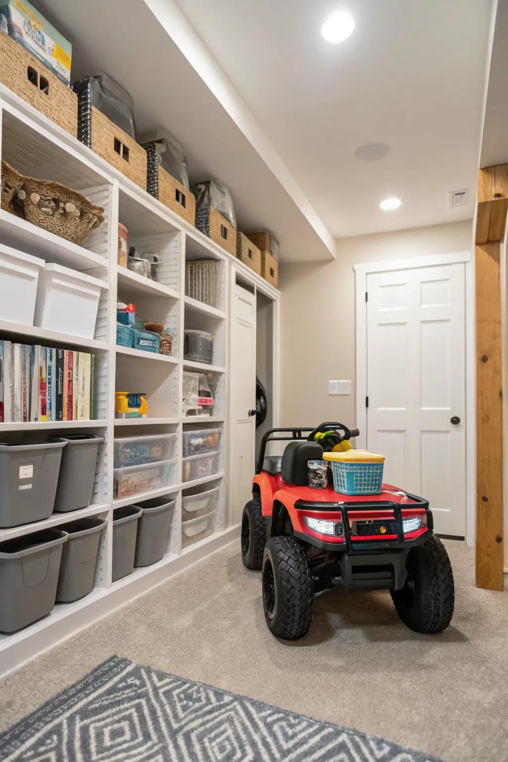 Basement corners make perfect storage spots for electric ride-ons.
