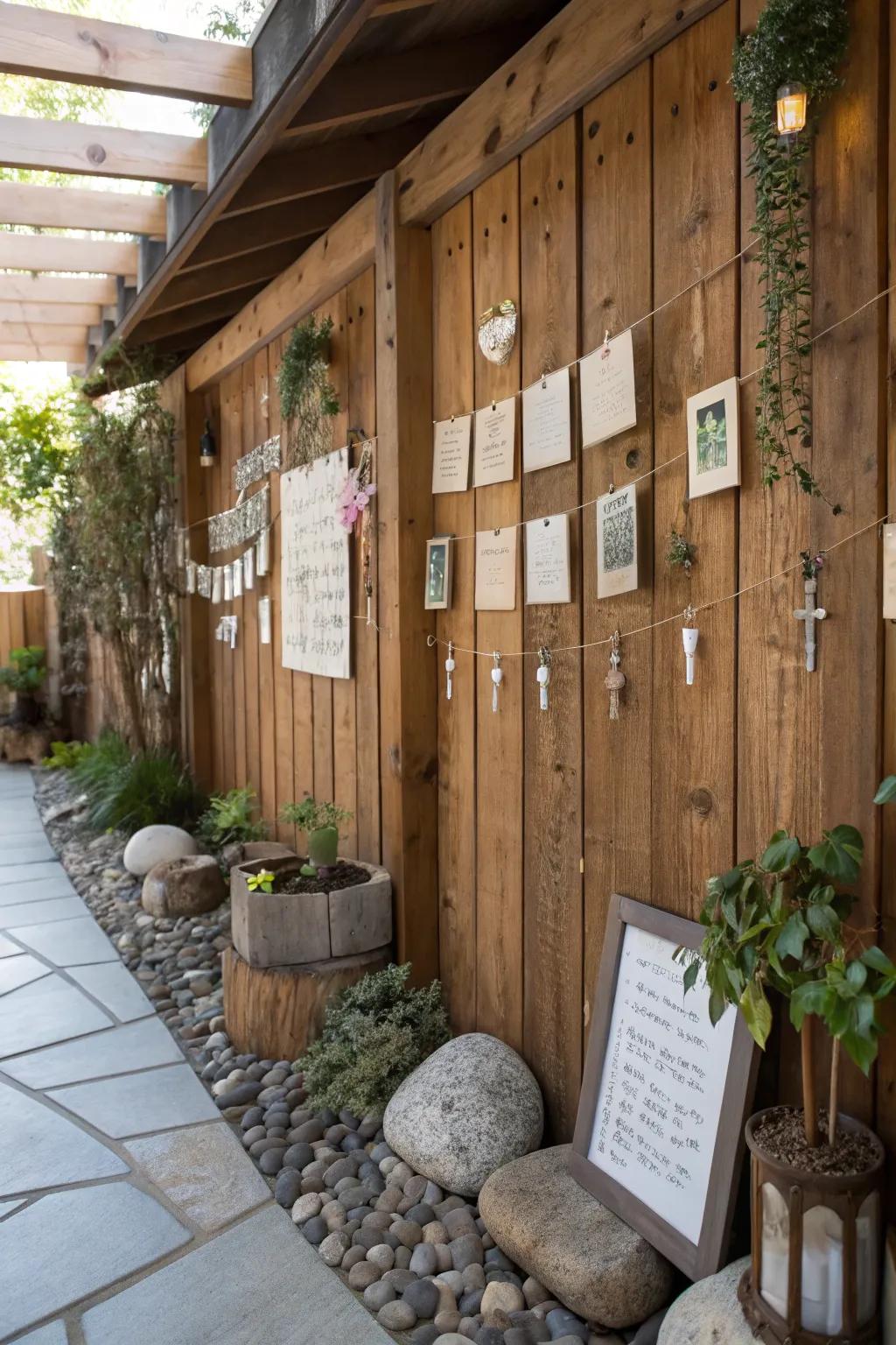 A comfortable prayer wall adorned with natural wood accents and decorations.
