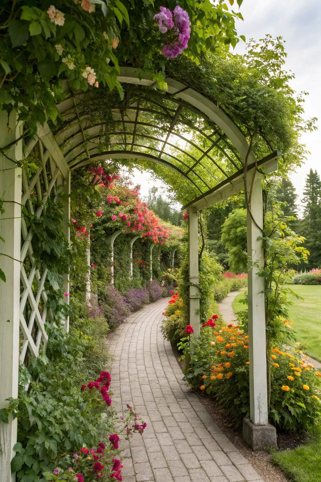 Climbing frames with climbing plants blend nature and privacy seamlessly.