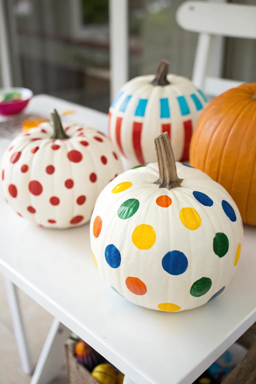 Polka dot pumpkins, bringing a playful pattern to life.