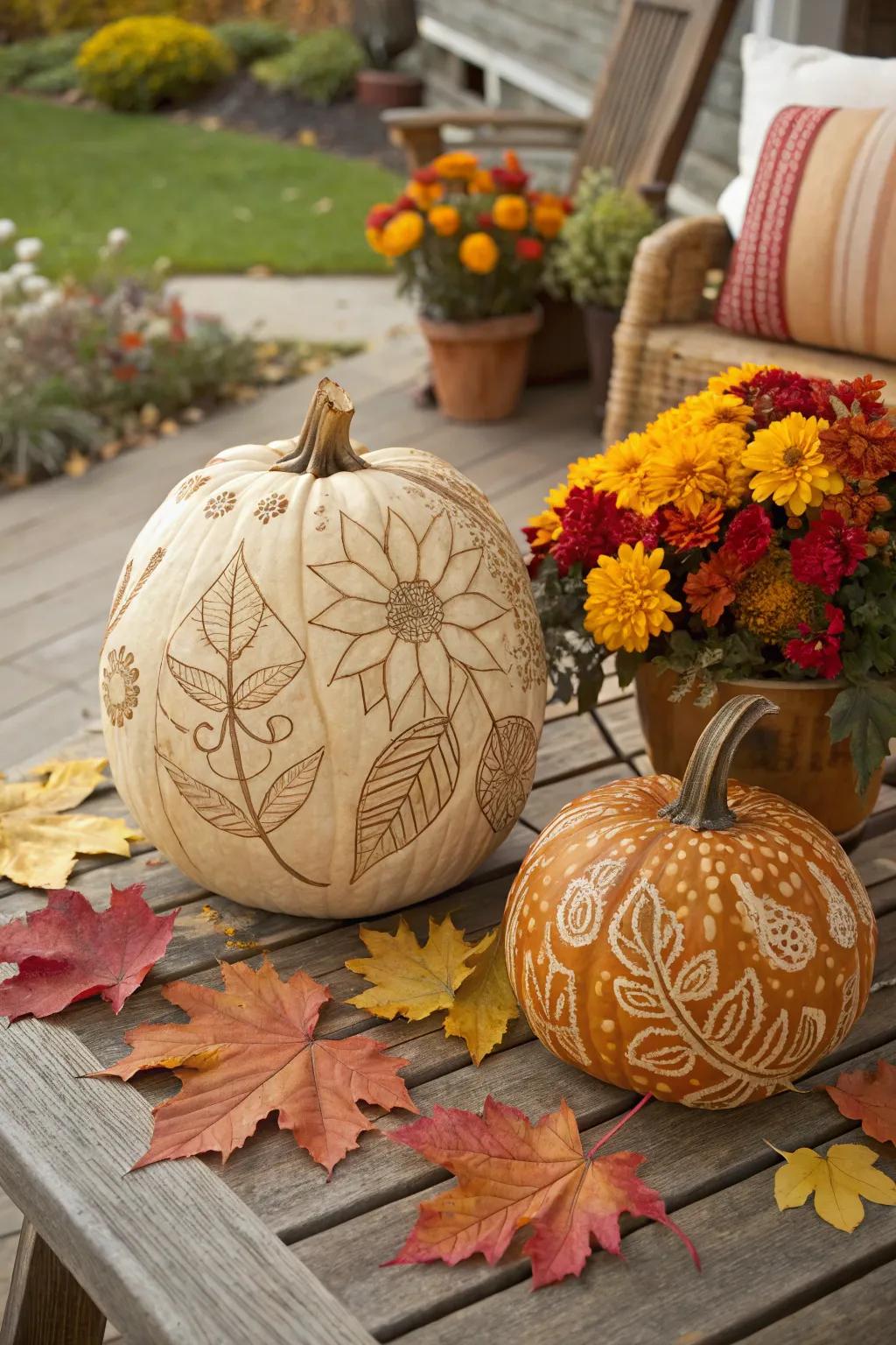 Celebrate autumn with refined floral pumpkin designs.