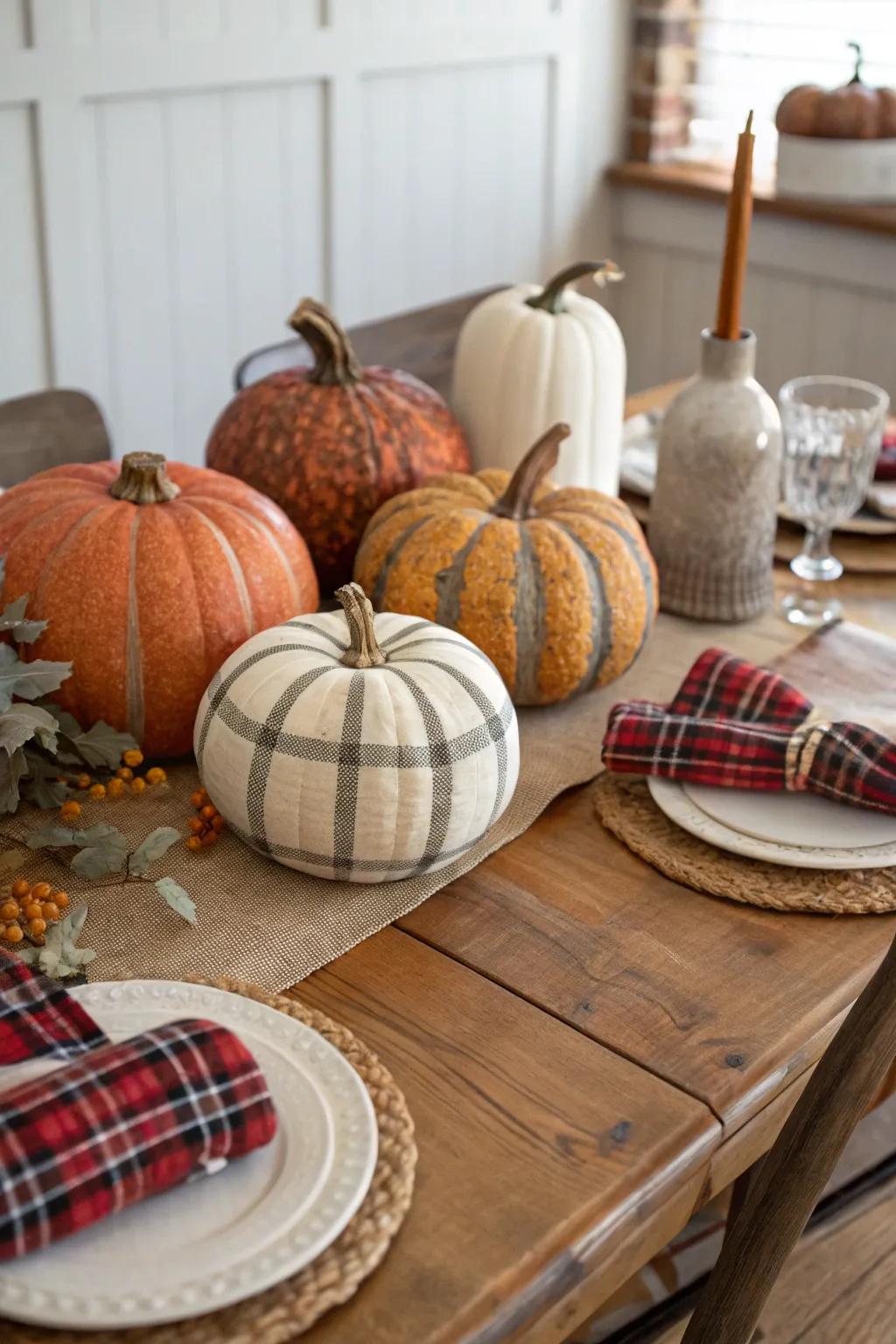 Infuse rustic warmth into your home through pumpkins with check patterns.
