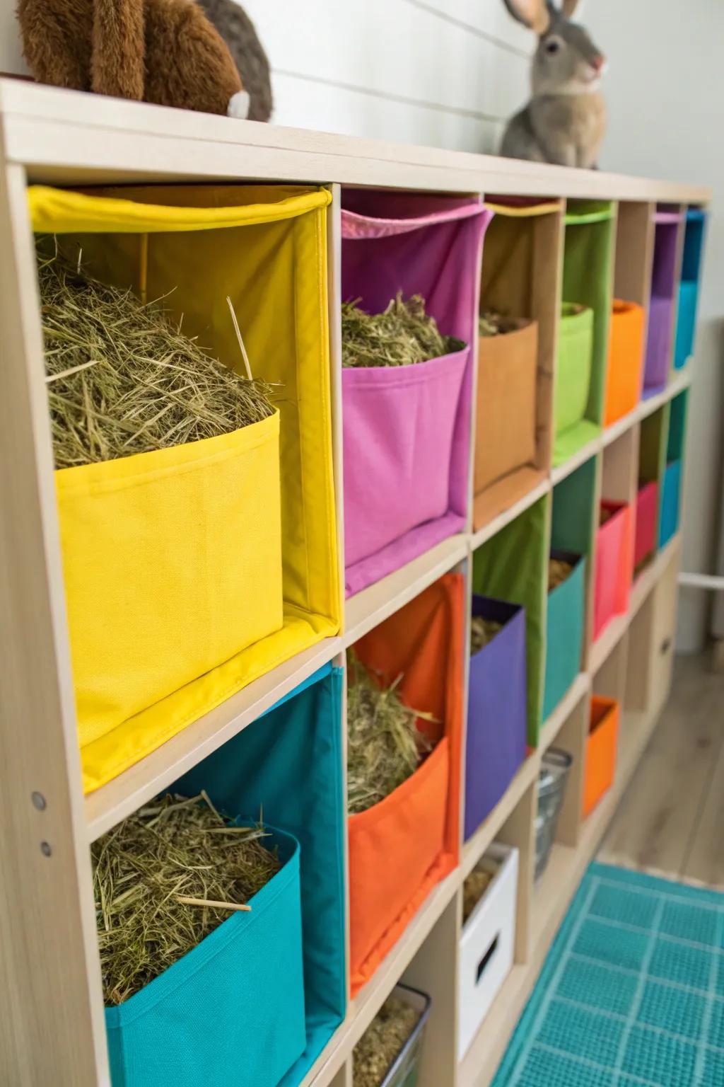 Fabric storage cubes combine practicality with aesthetics in hay storage.