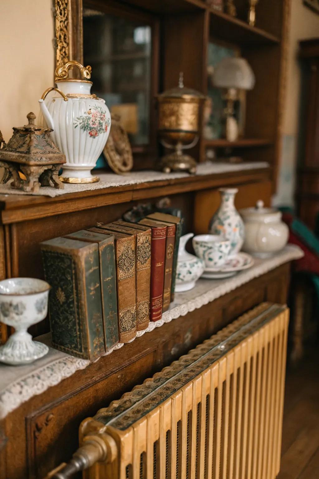 Add a touch of nostalgia and old-world charm with a vintage-themed radiator shelf.