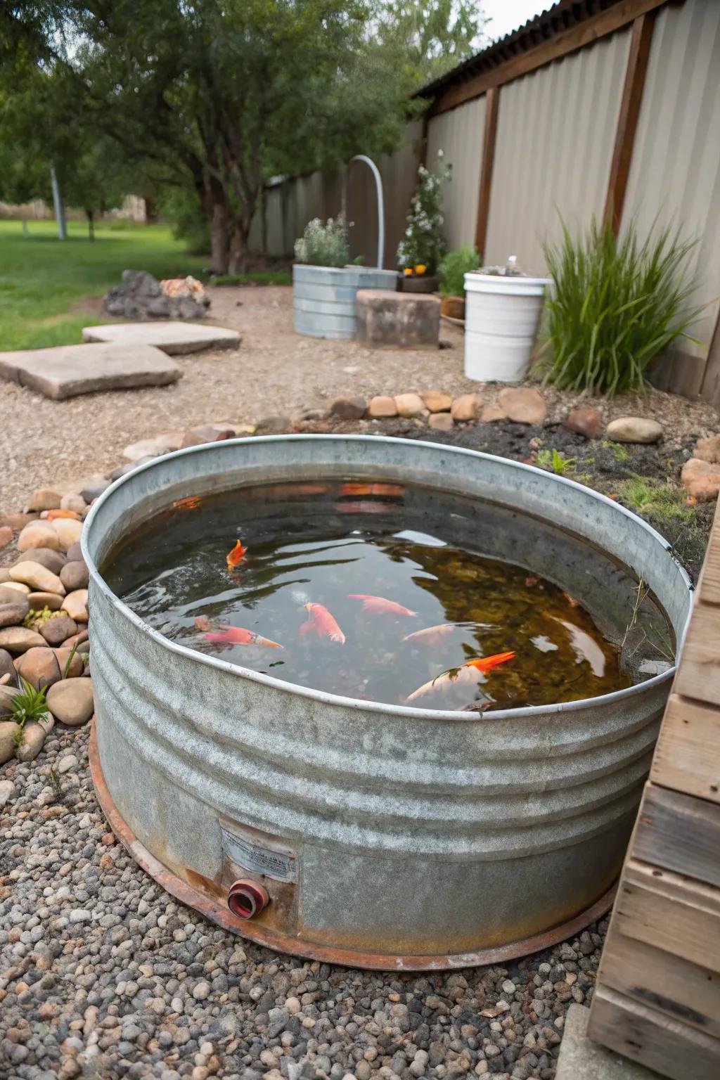 A stylish galvanized stock container koi pond showcasing a rustic touch.