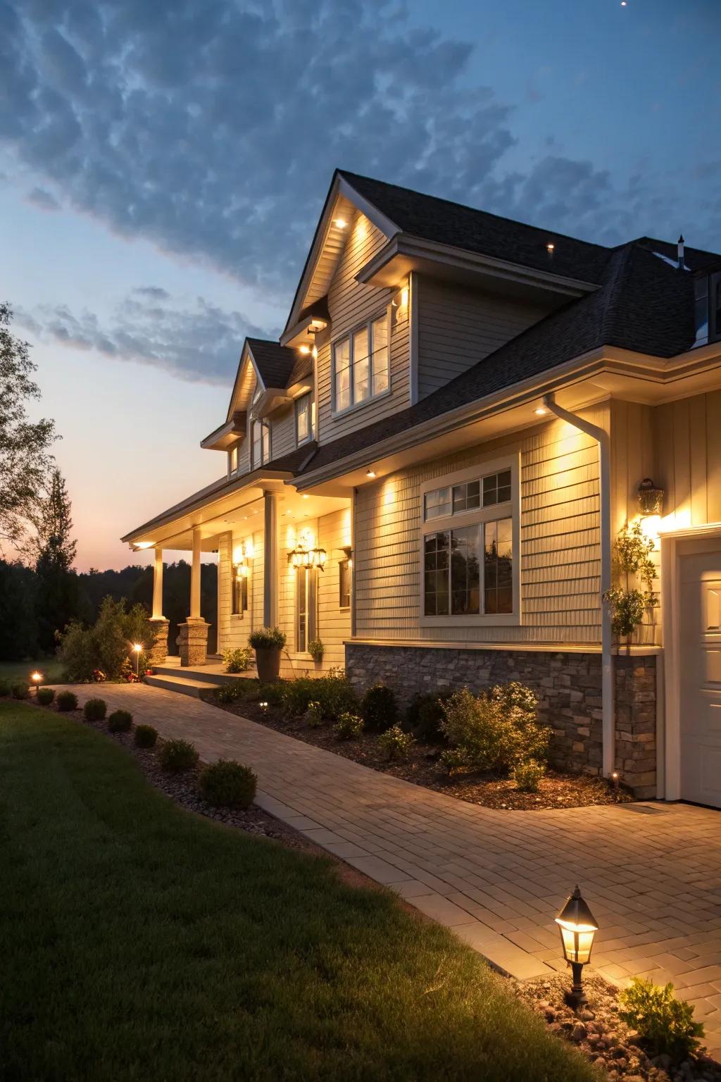 Striking lighting features illuminating the exterior of a raised ranch at night.