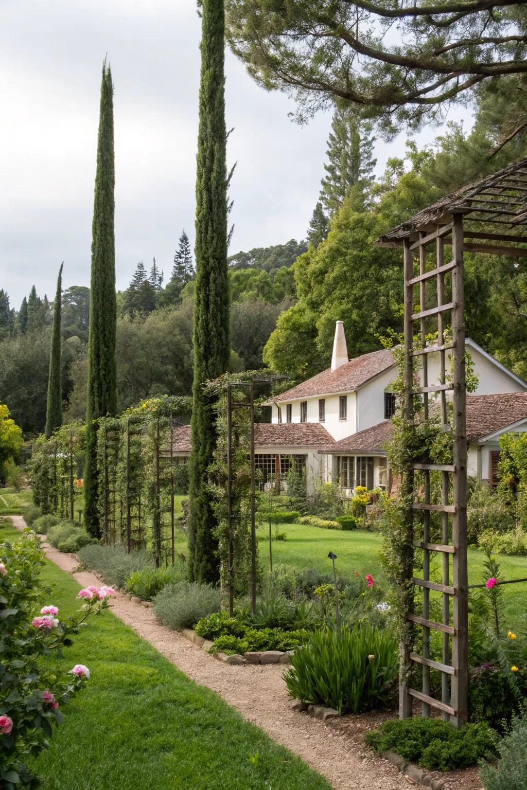 Upright landscaping features bring depth and diversity to this ranch house garden.
