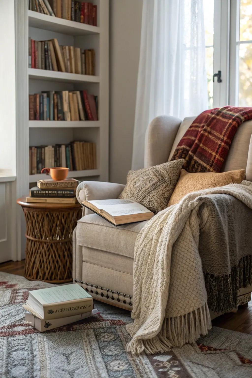 A reading nook with layered fabrics for full comfort.