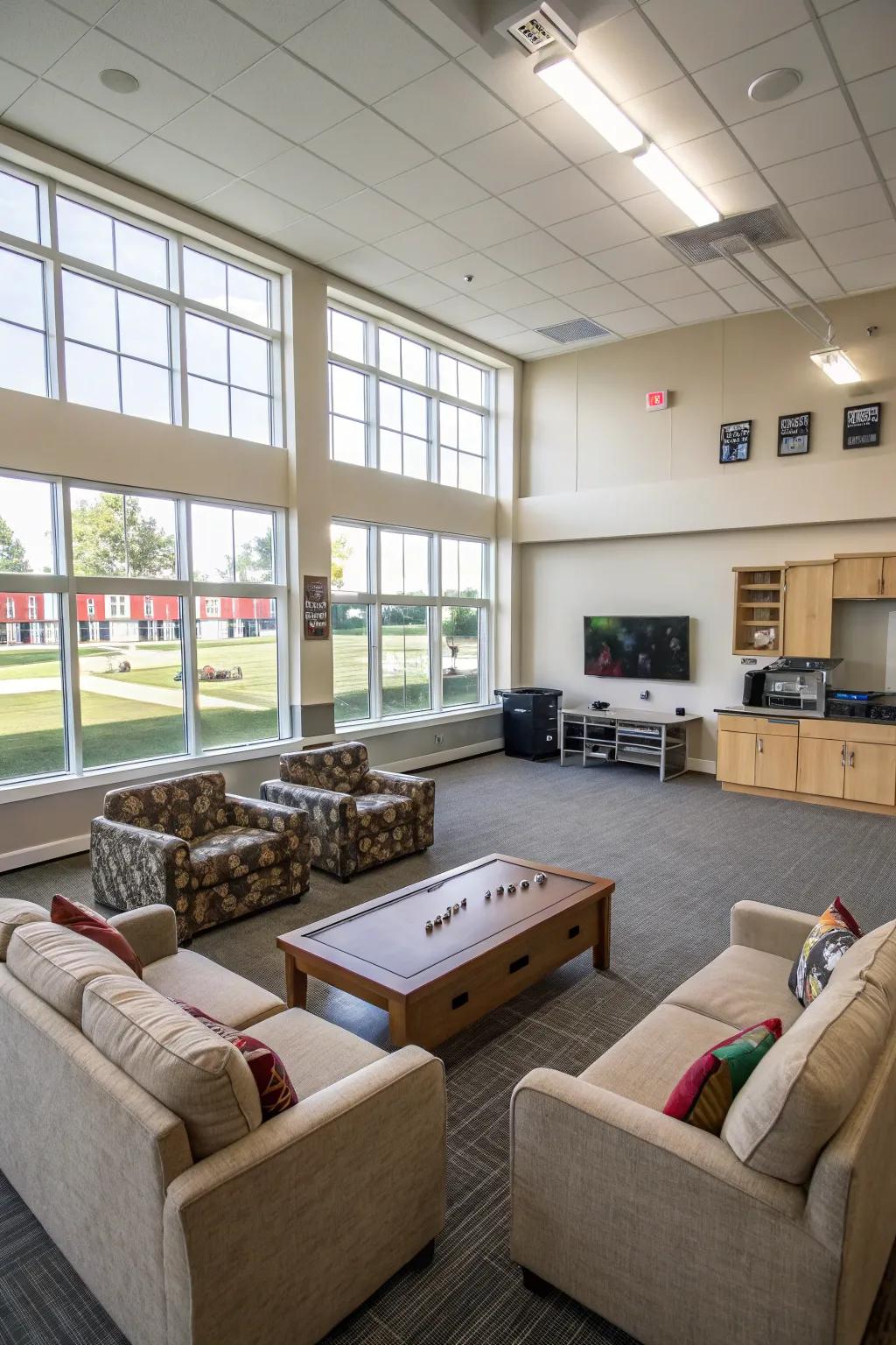 An open layout allows for a versatile rec room experience.