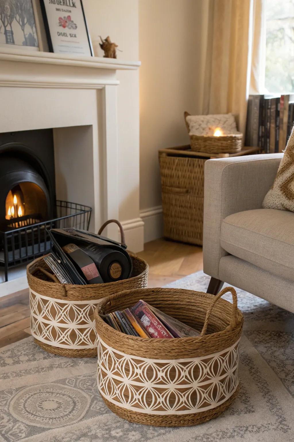Baskets provide a casual and accessible way to store your records.