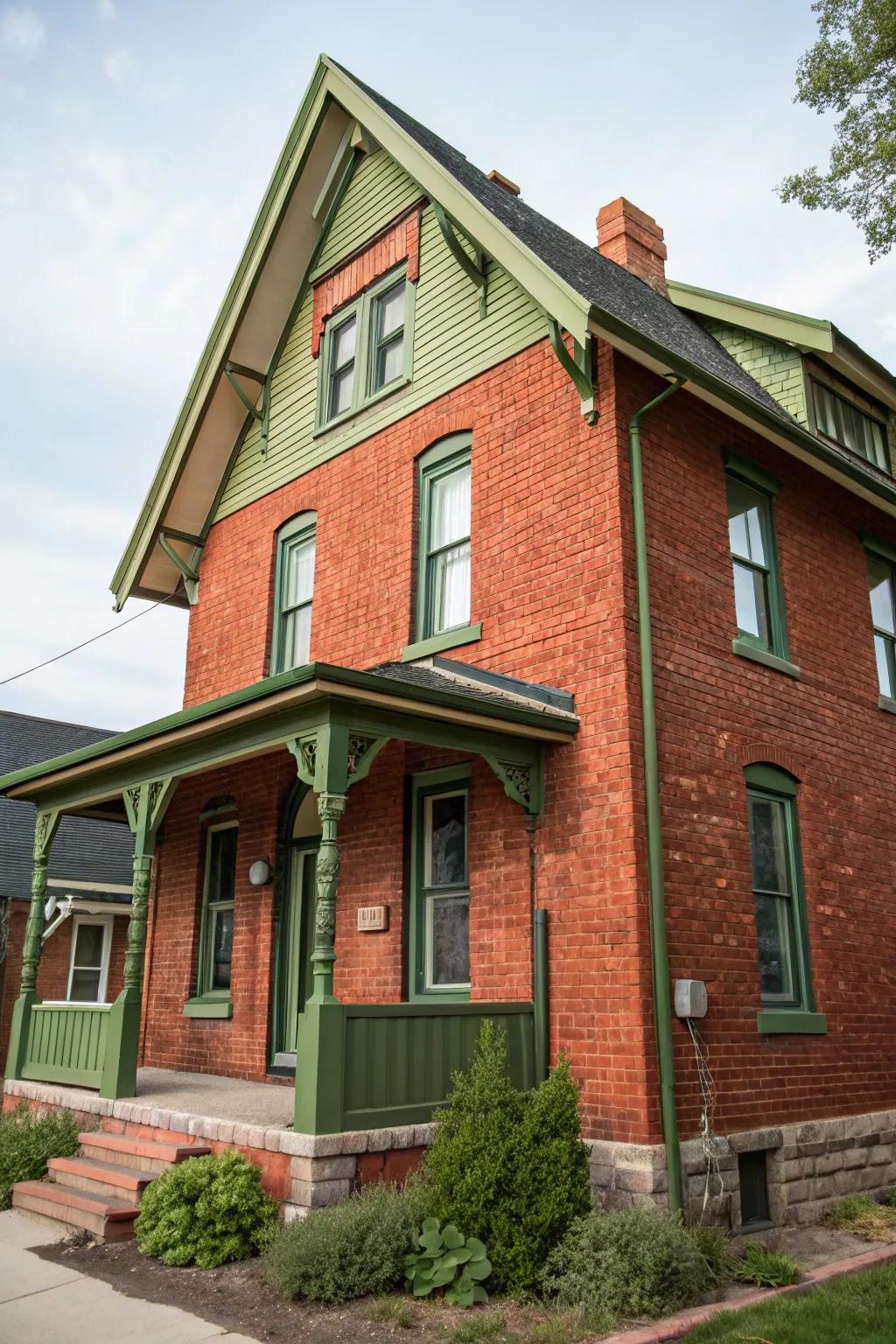 Forest green trim adds an unexpected yet harmonious touch to red brick homes.