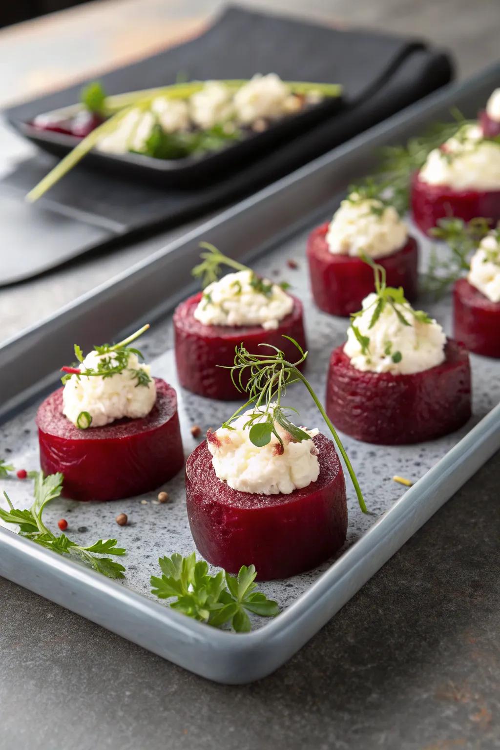 Beetroot and goat cheese bites provide a gourmet enhancement to parties.