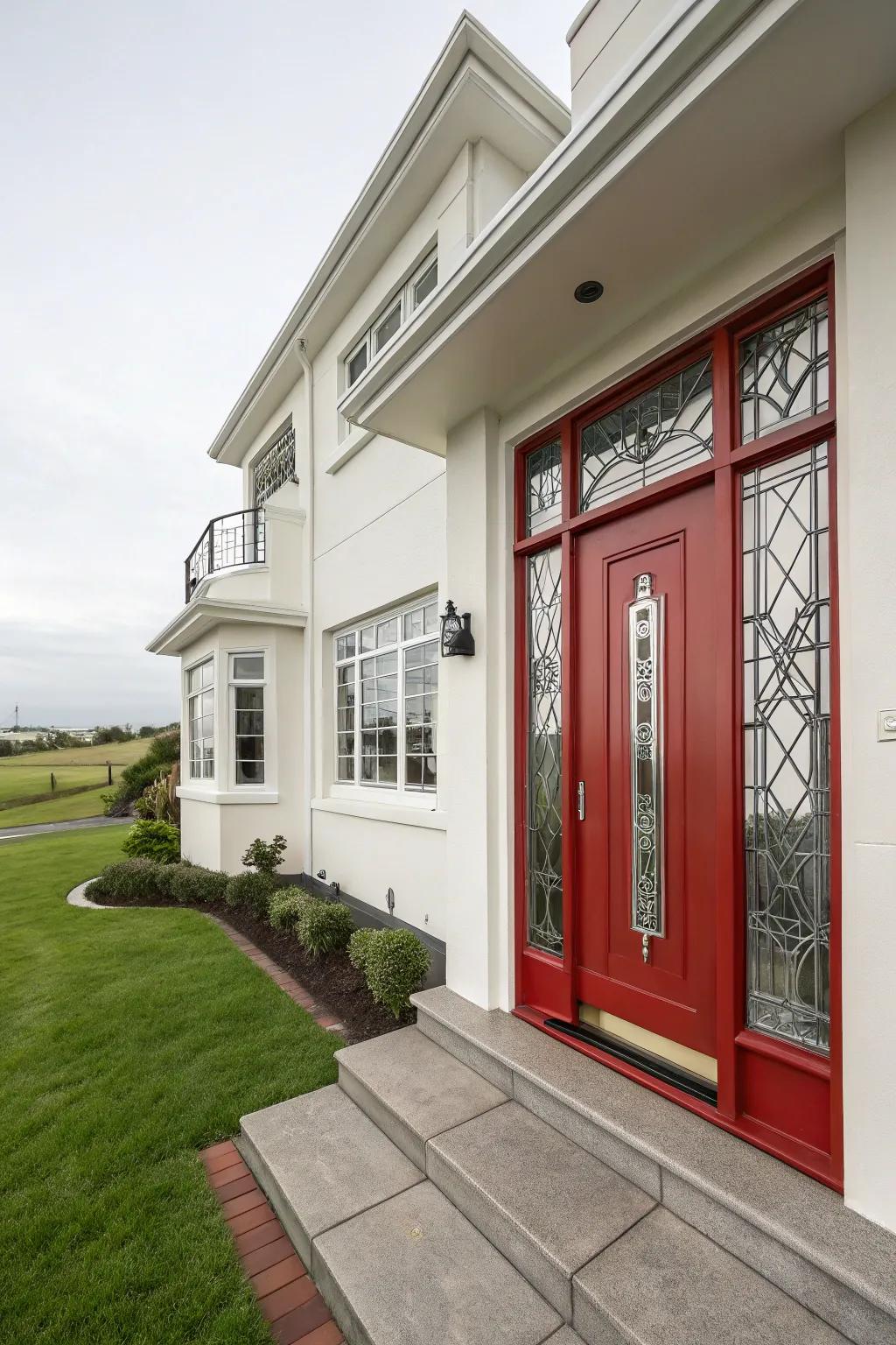 Art Deco home with a crimson door, showcasing geometric details.