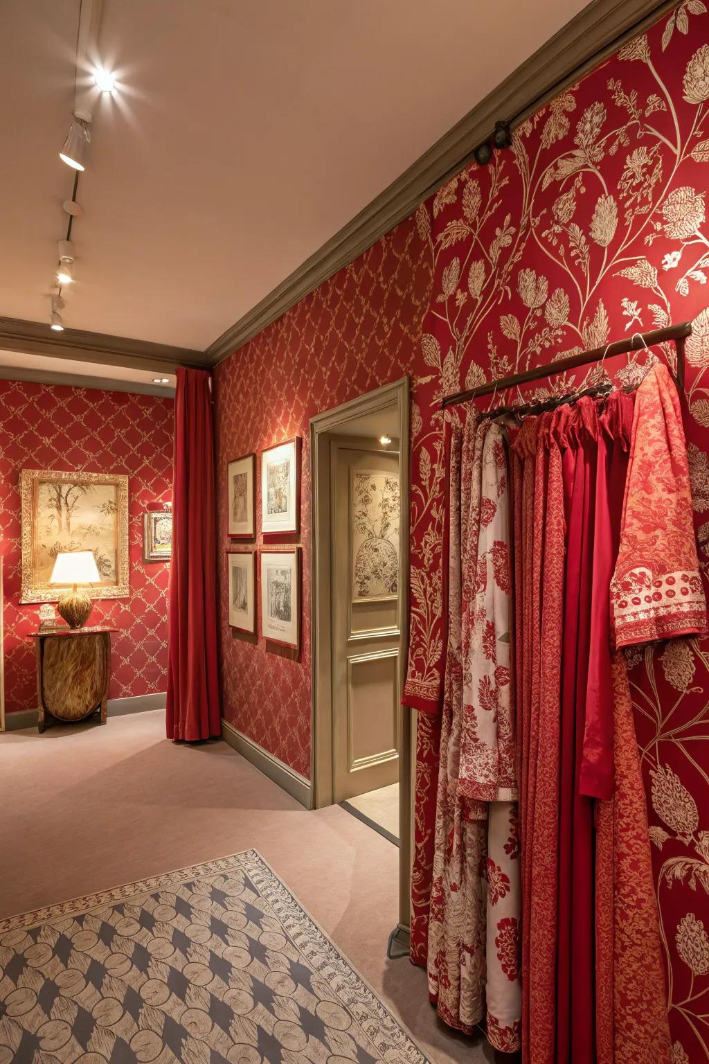 Patterned designs in rouge introduce a playful element to this room's decor.