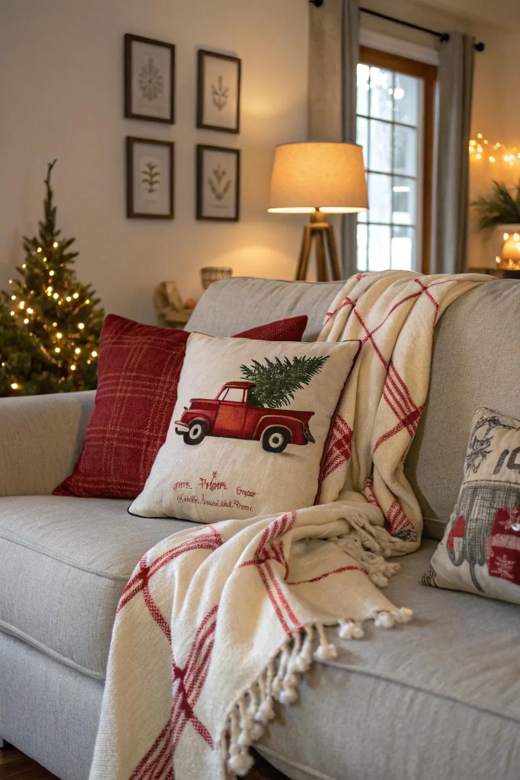 A snug living space showcasing crimson pickup-themed cushions.