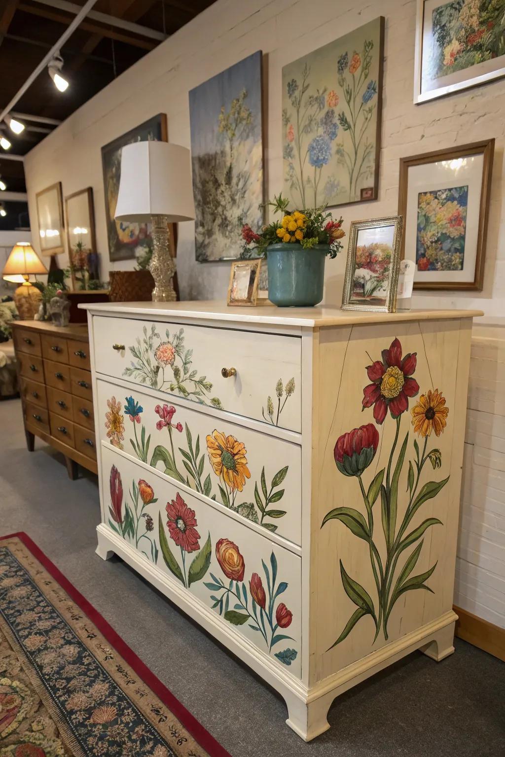 Freehand artwork transforms a dresser into a canvas.