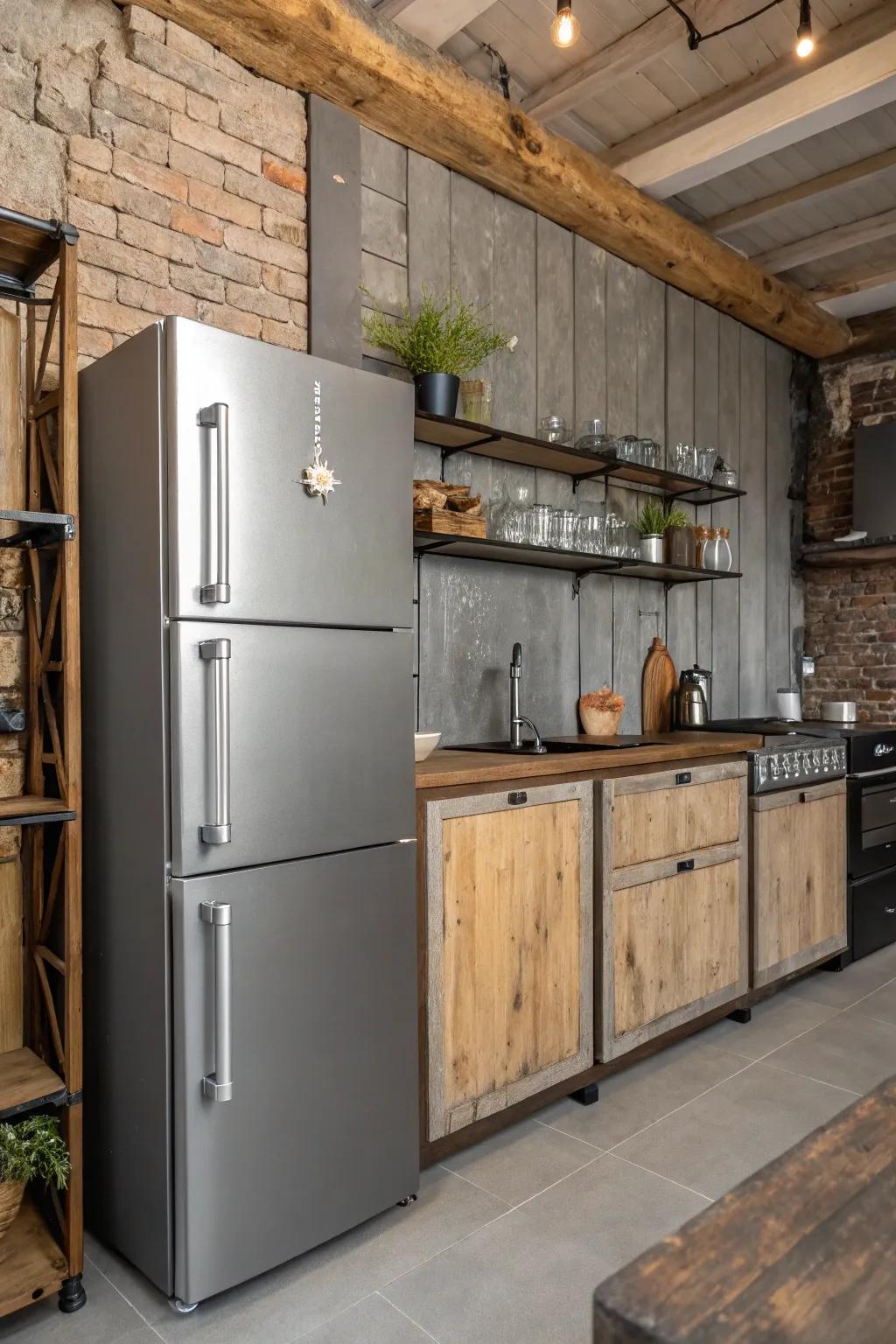 Industrial touches surrounding the refrigerator bring a modern edge to the kitchen.