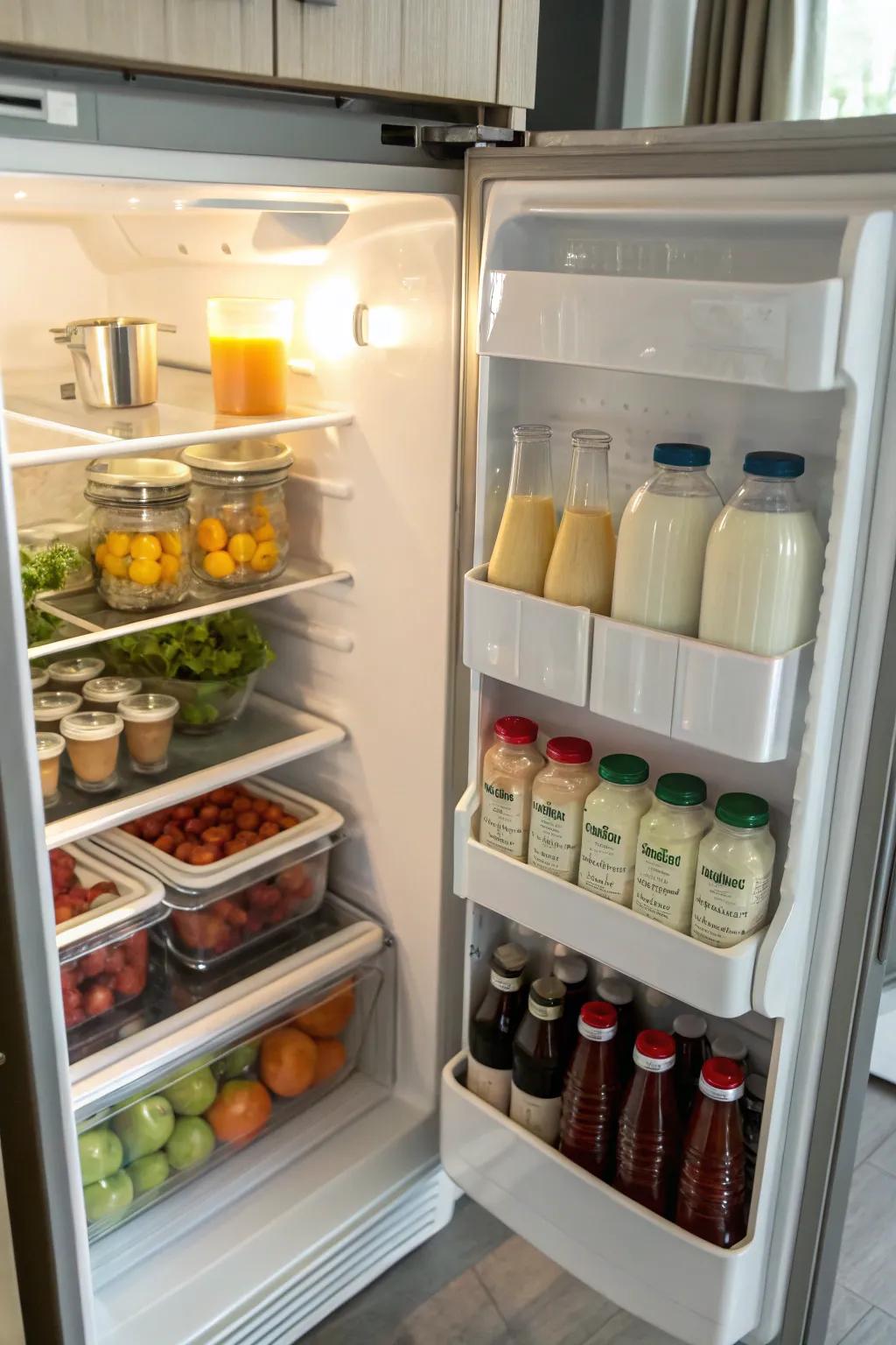 Grouping similar items streamlines fridge organization.