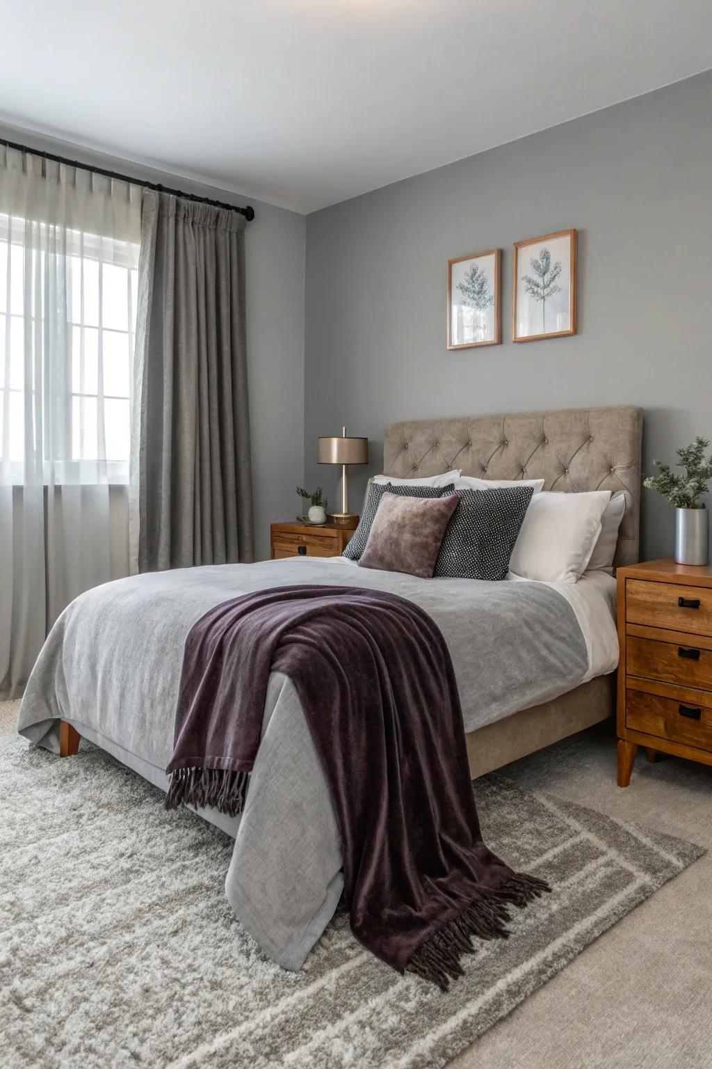 Blended textures add depth and intrigue to a repose gray bedroom.