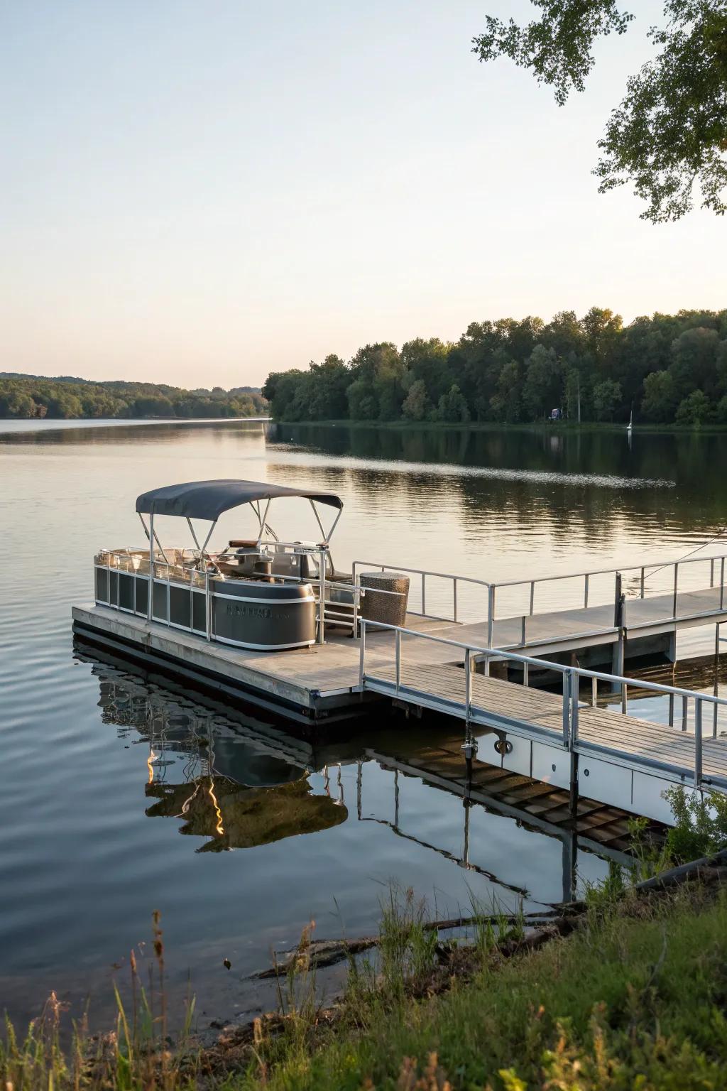 A floating dock that adapts effortlessly to fluctuating water levels.