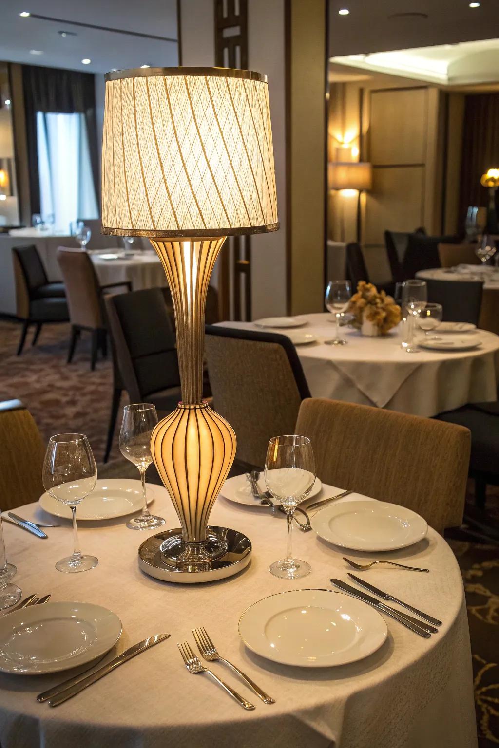 A sculptural table lamp serves as a captivating centerpiece upon an elegant restaurant table.