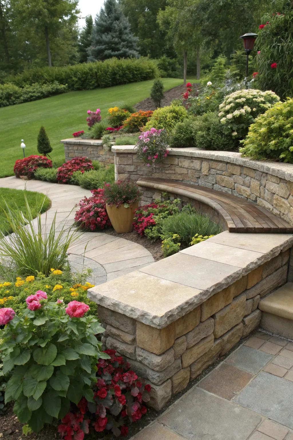 Built-in seating transforms retaining walls into comfortable relaxation areas.