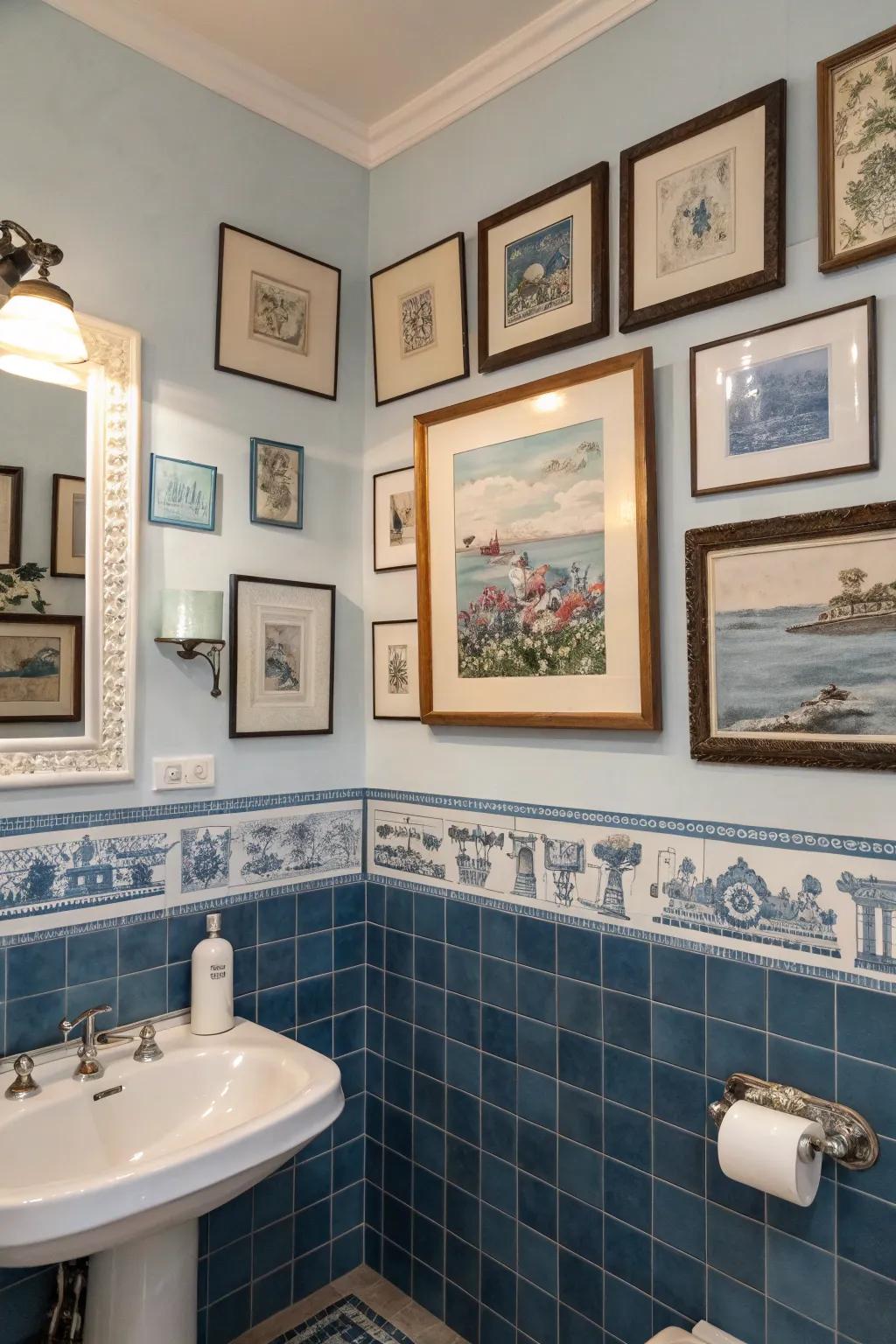 Vintage artwork imbuing the bathroom with personality.