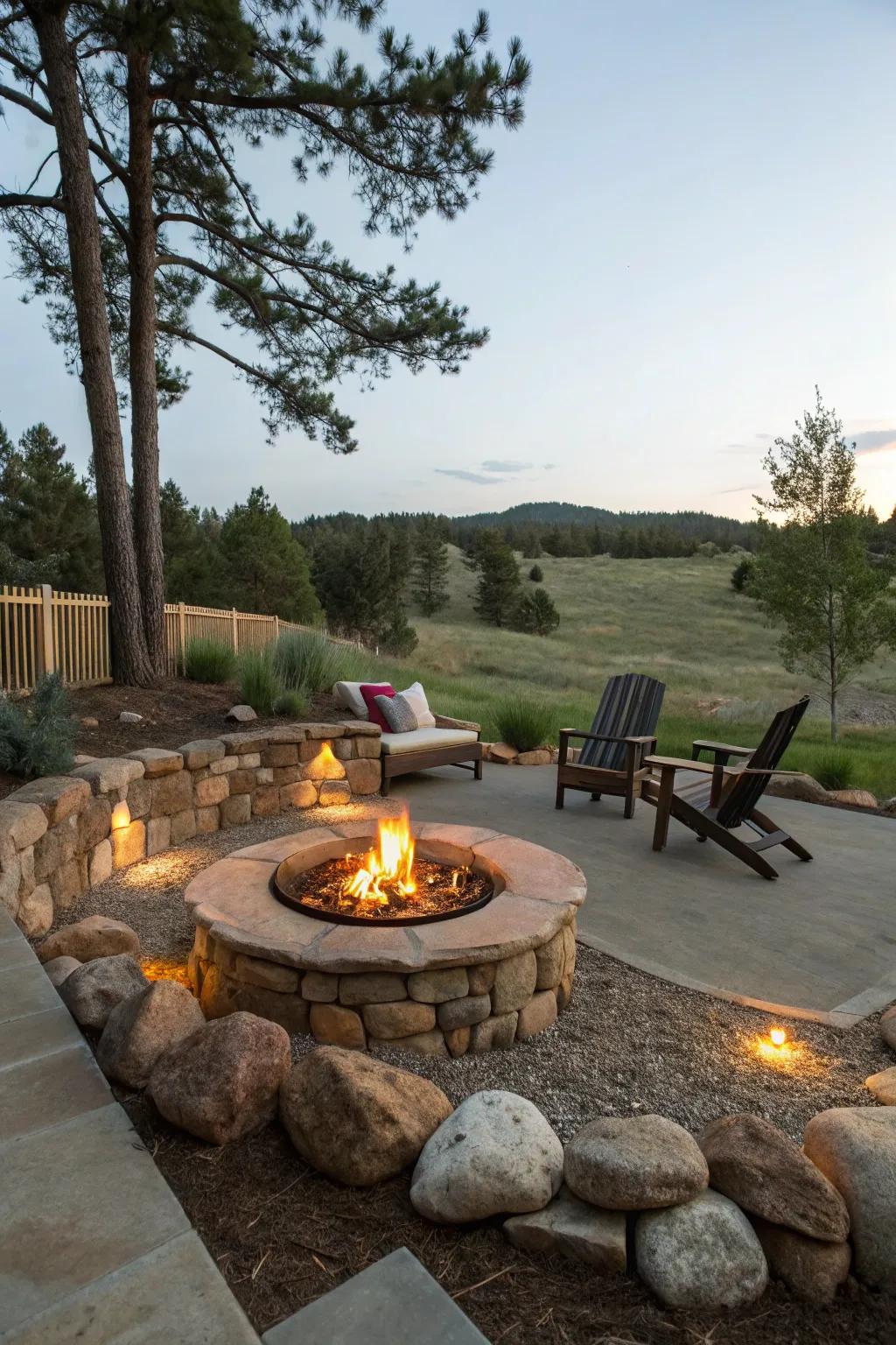 A snug fire pit setting is enhanced by a natural rock boundary.