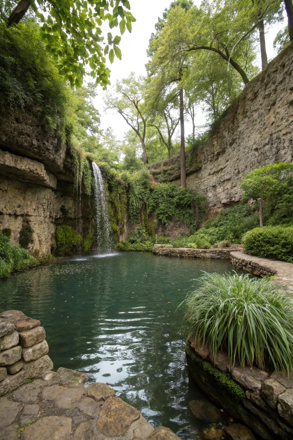 A serene aquatic element encompassed by stone structures lends tranquility.