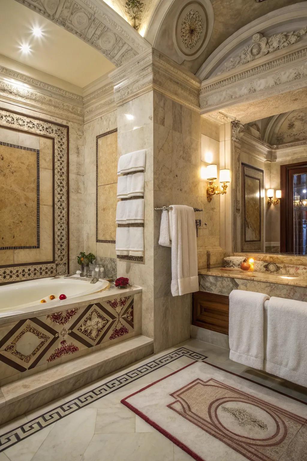 Luxurious textiles add warmth and ease to this Roman-inspired washroom.