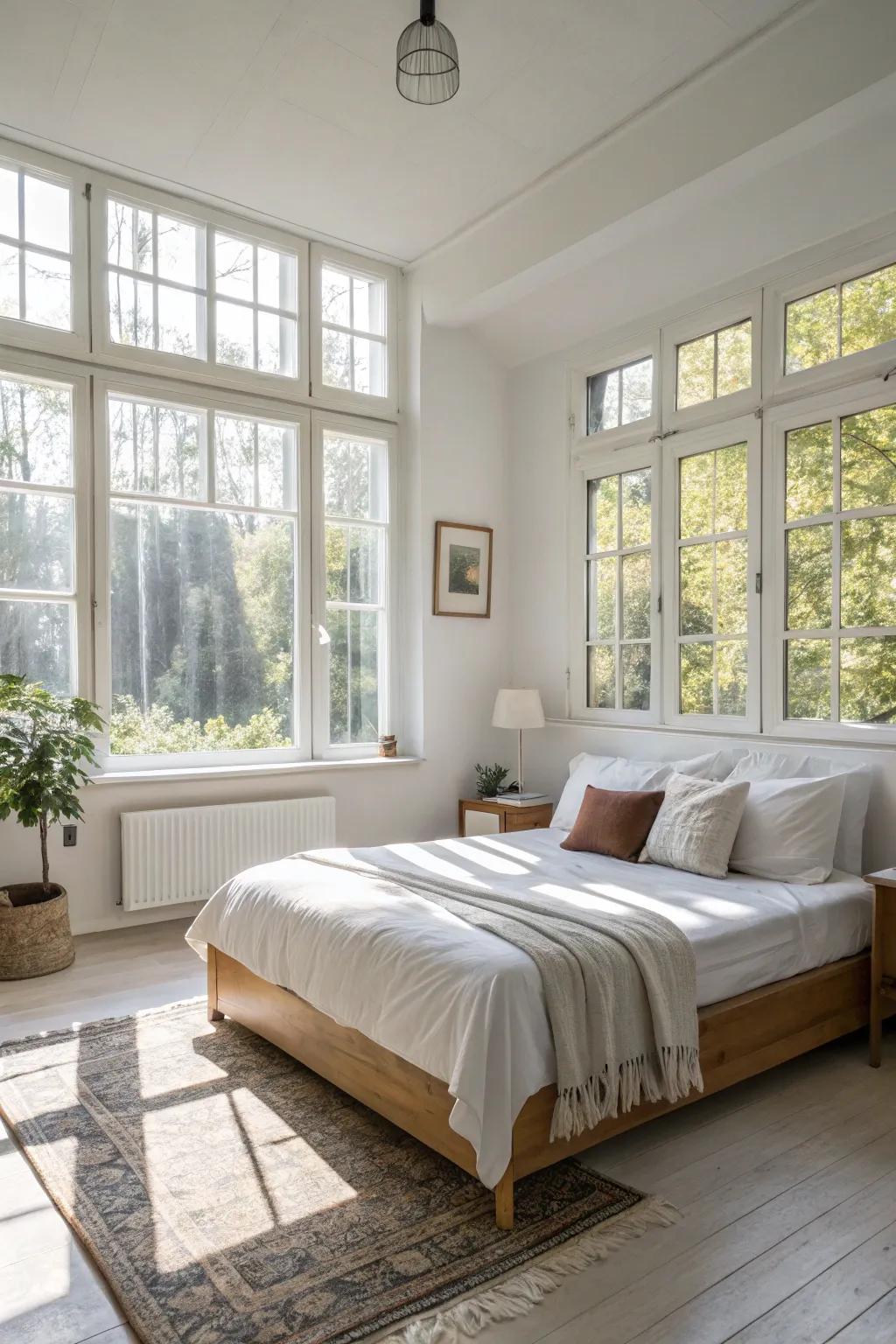 Spread out spaces with natural light craft a serene and breezy bedroom.