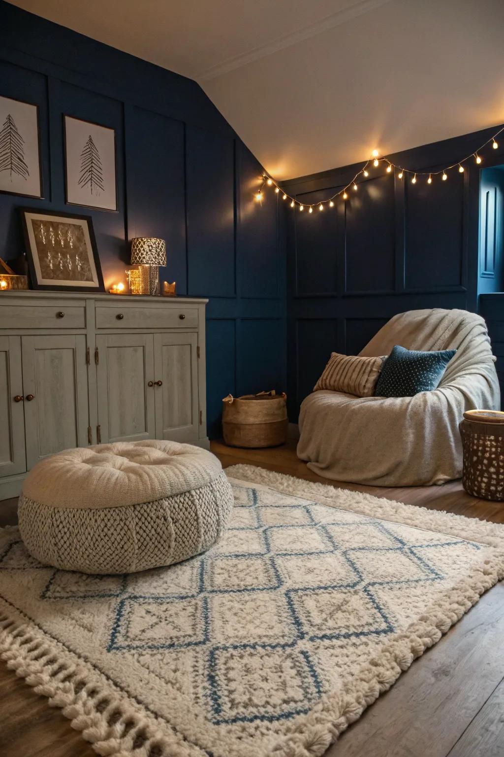 Supple rugs elevate the comfort and cohesiveness of a deep sea blue bedroom.
