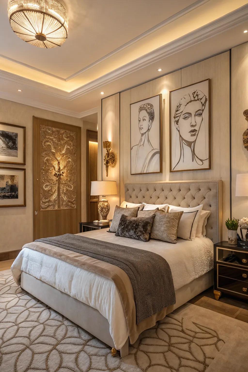Sculpted artwork contributes dimension and a touch of sophistication to the space.