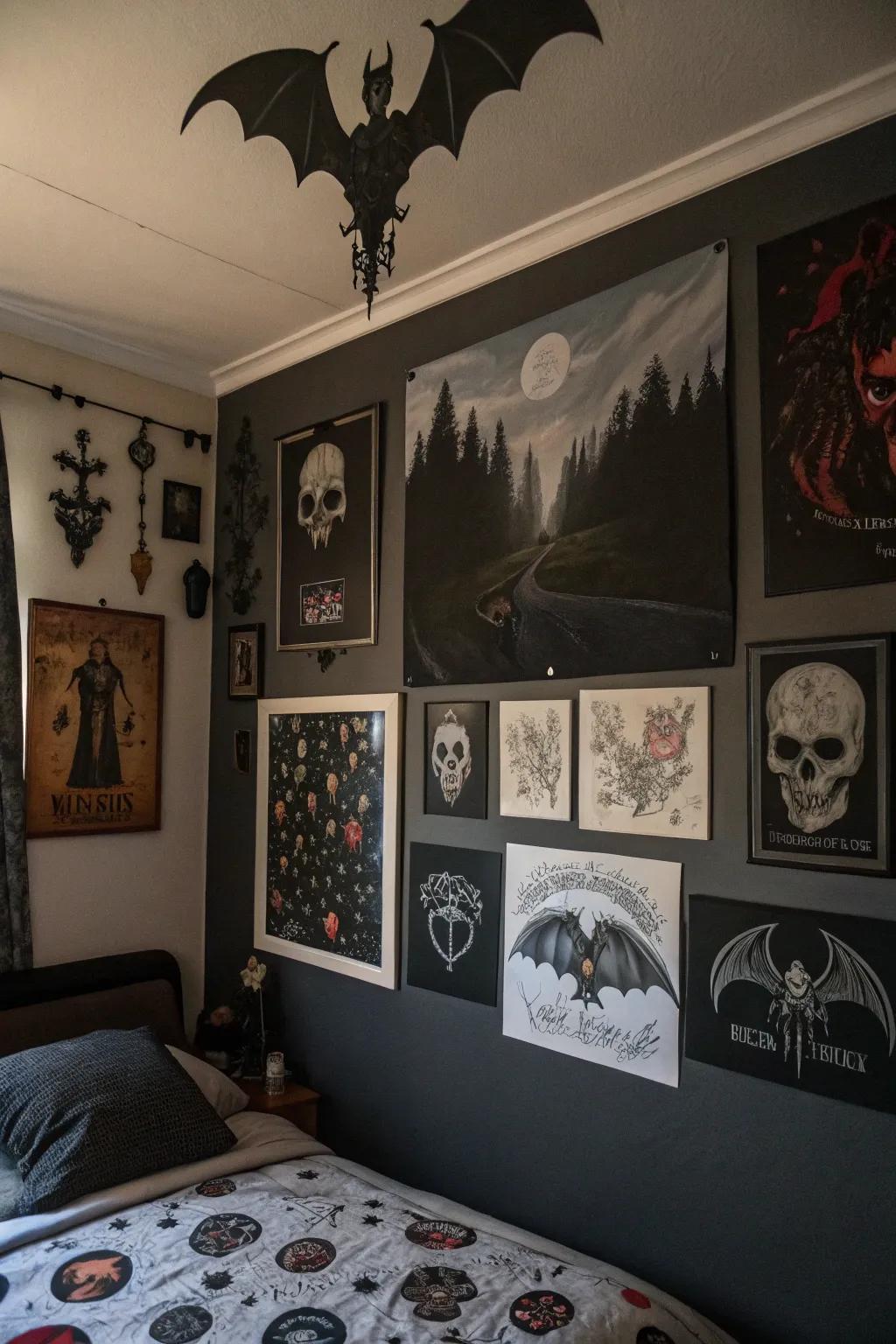 Gothic artwork adds a personal and artistic accent to the boudoir.