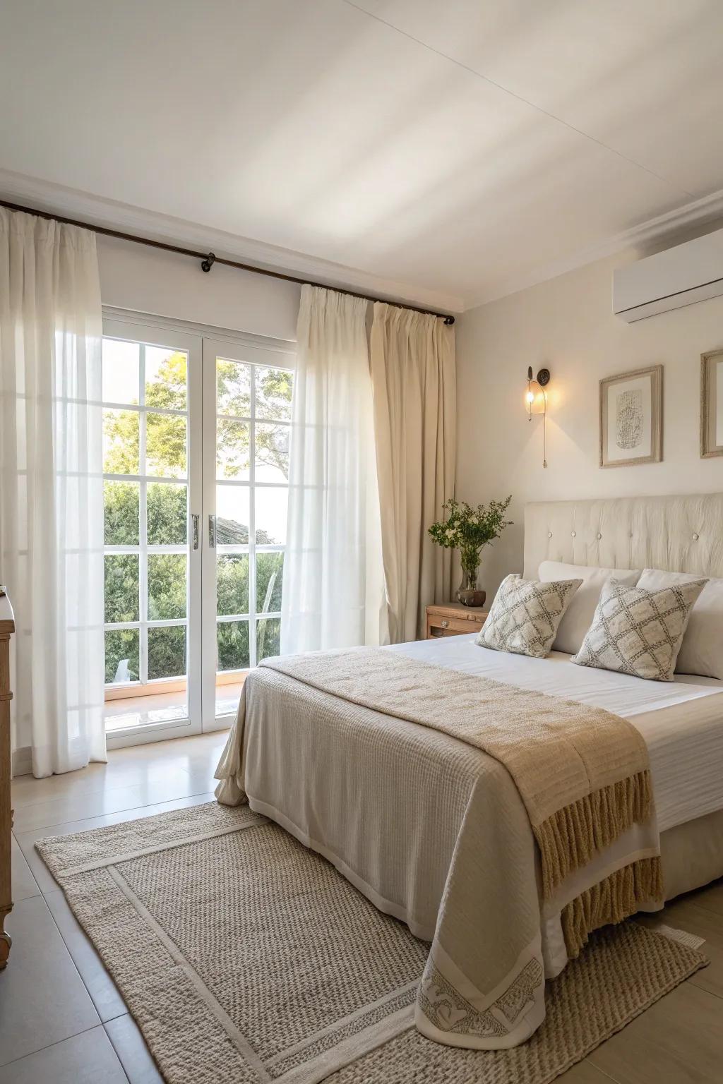 A bright and airy bedroom bathed in open skies hues and cozy accents, crafting a sanctuary of serenity.