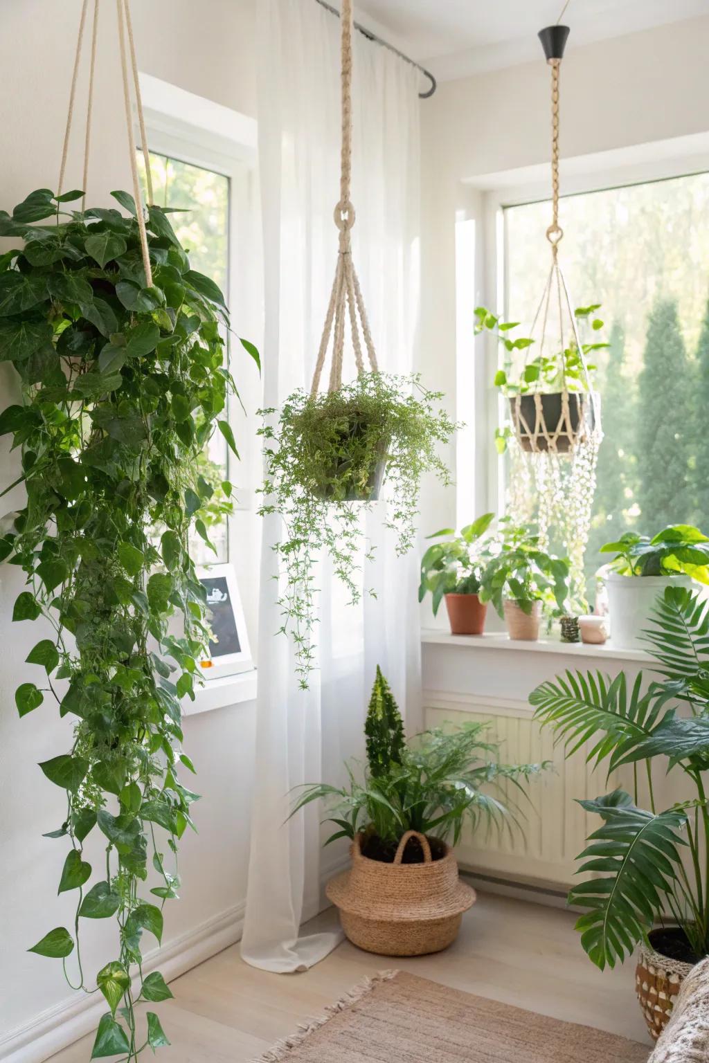 Hanging plants create a vibrant and natural room divider that breathes life into any space.