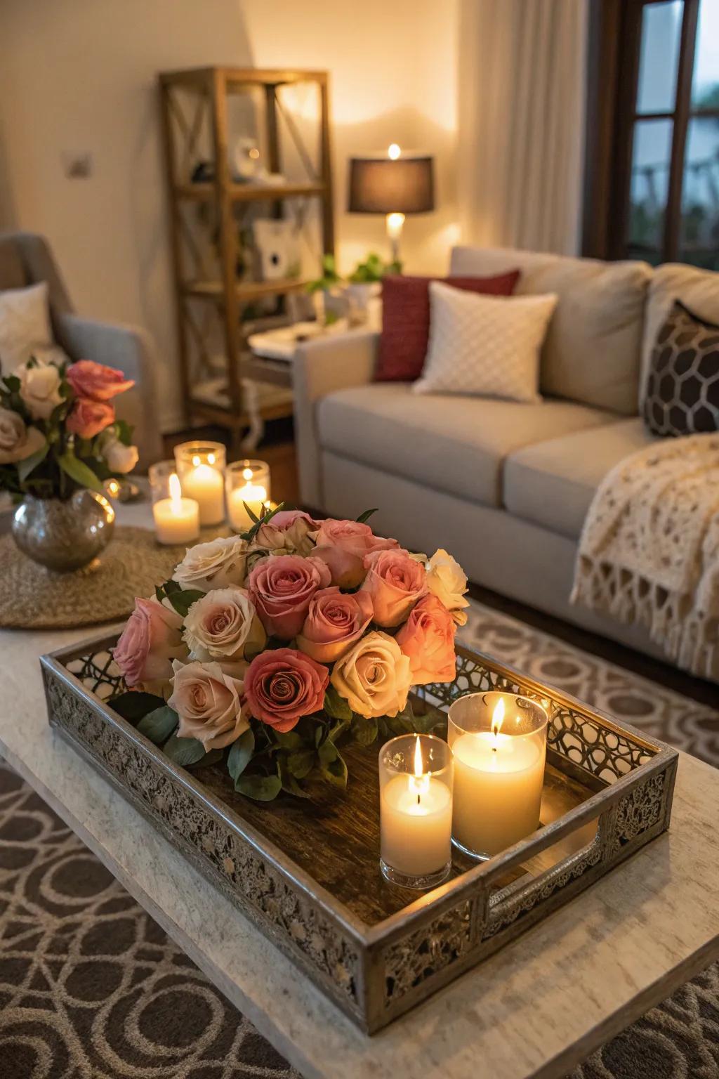 Refined and snug rose display stand exhibition alongside lights.