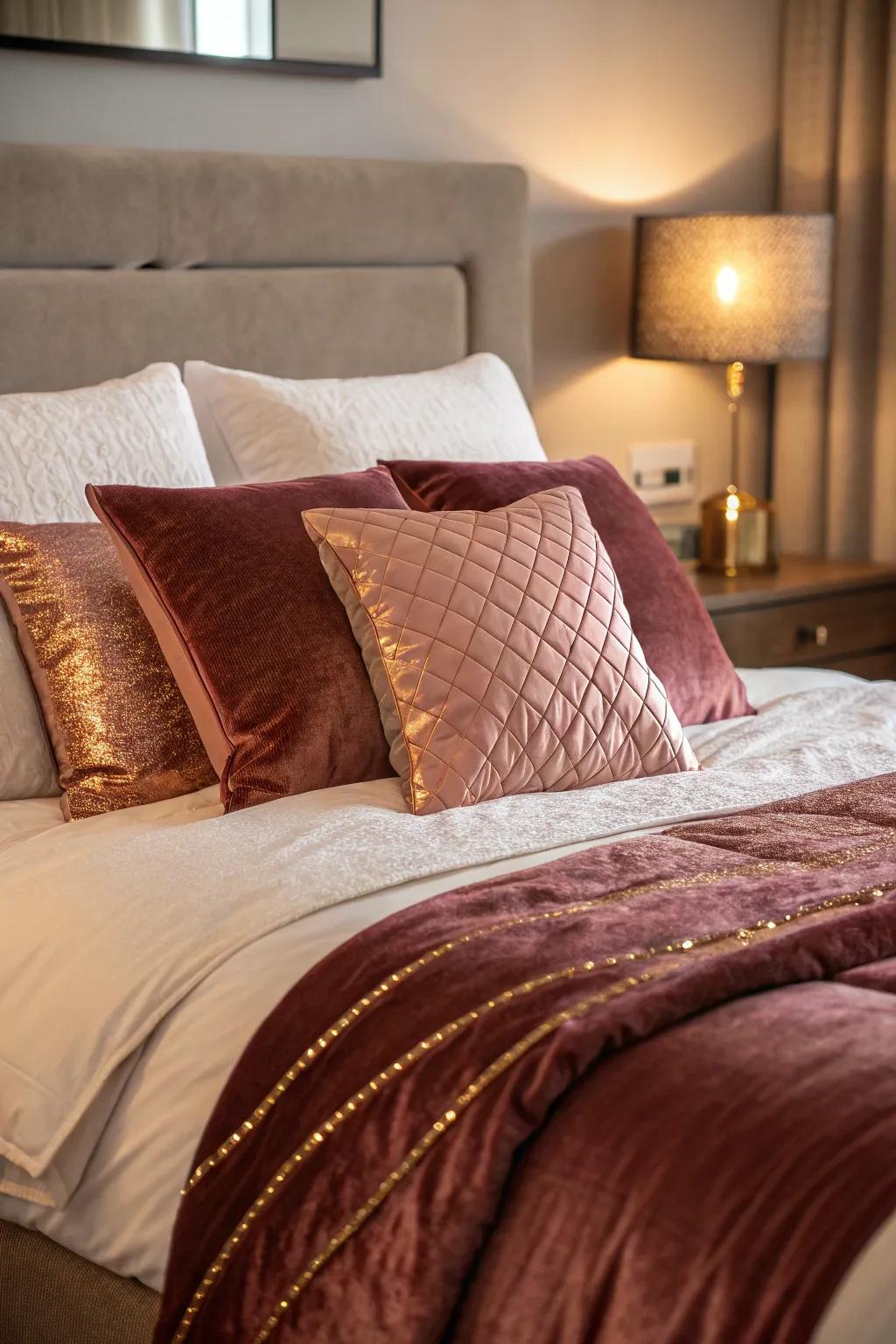 Petal metal and wine-dark pillows include convenience and design to the bedclothes.